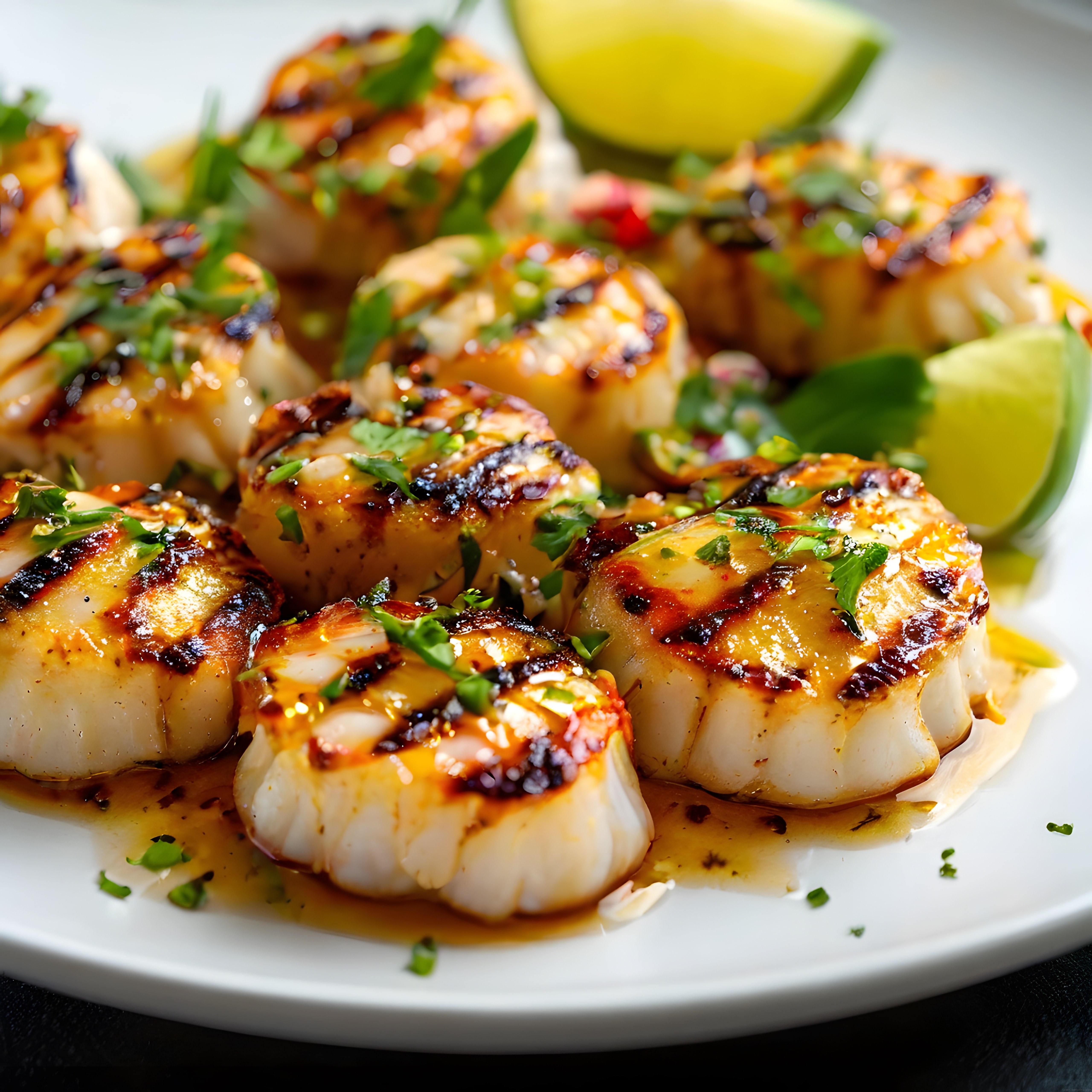 Izgara deniz tarağı karamelize sos ve limon ile şık sunum