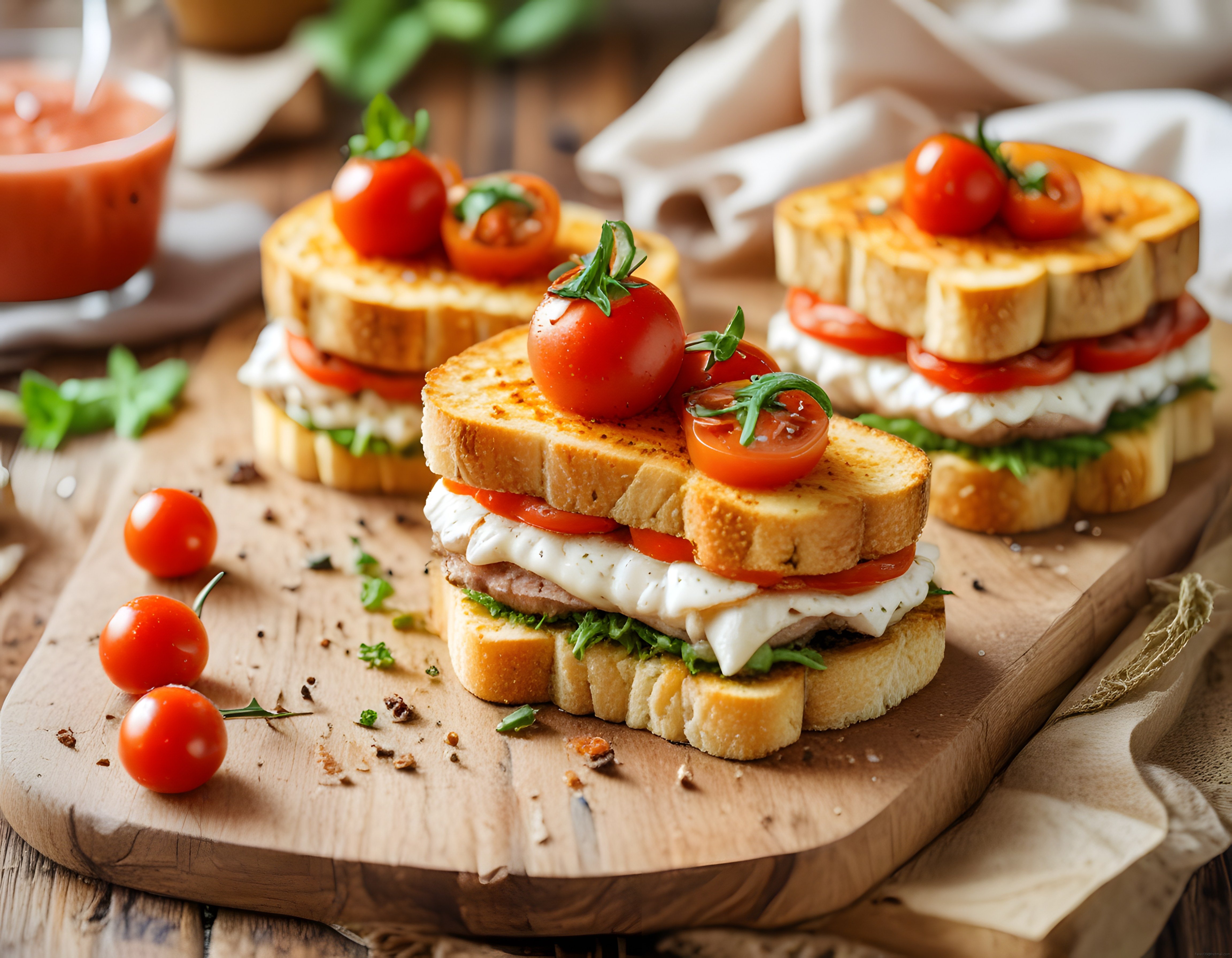 Izgara Ekmek Arasında Mozzarella ve Domatesle Hazırlanan Kaprese Sandviçler