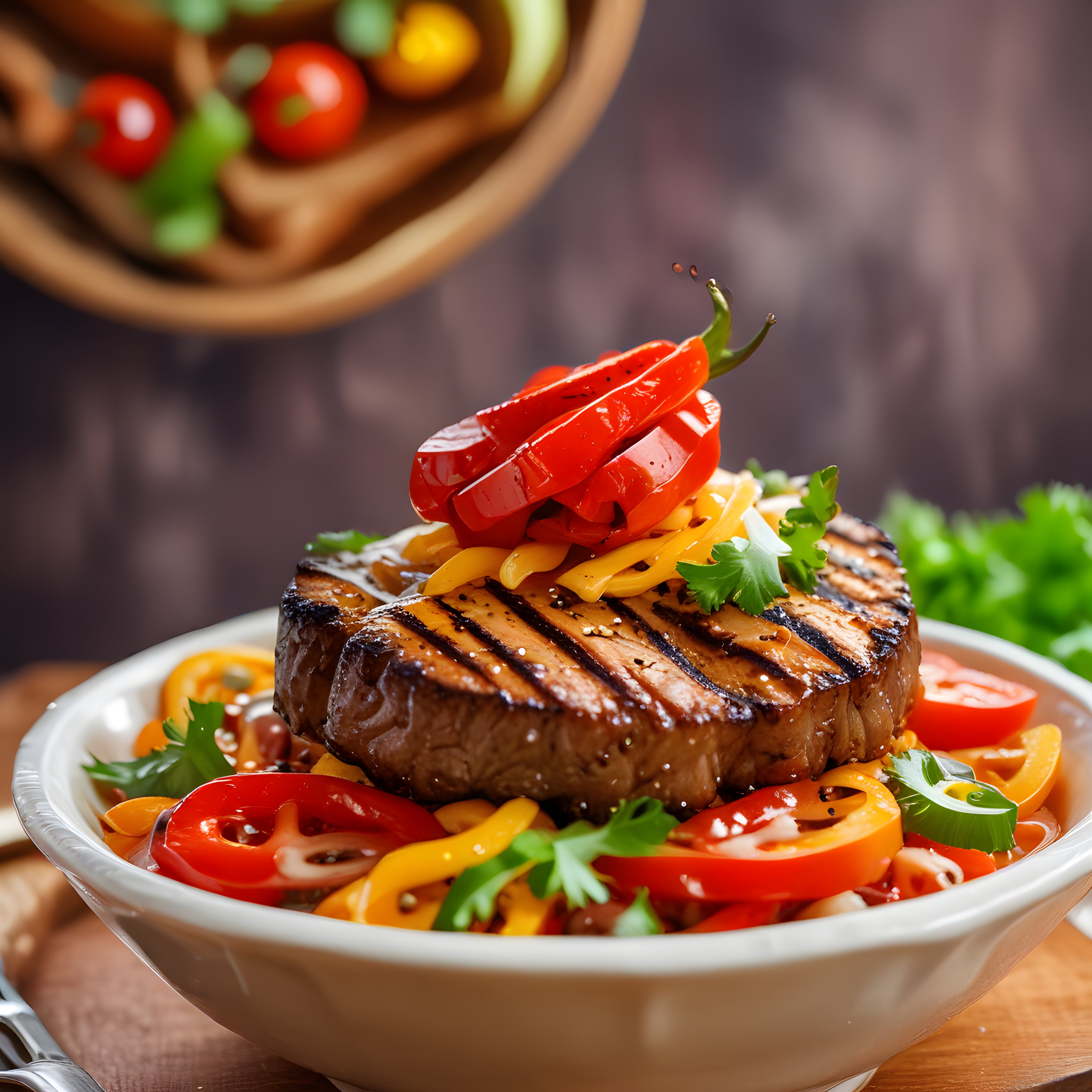 Izgara et dilimi, sebzeler ve peynirle süslenmiş renkli makarna kasesi