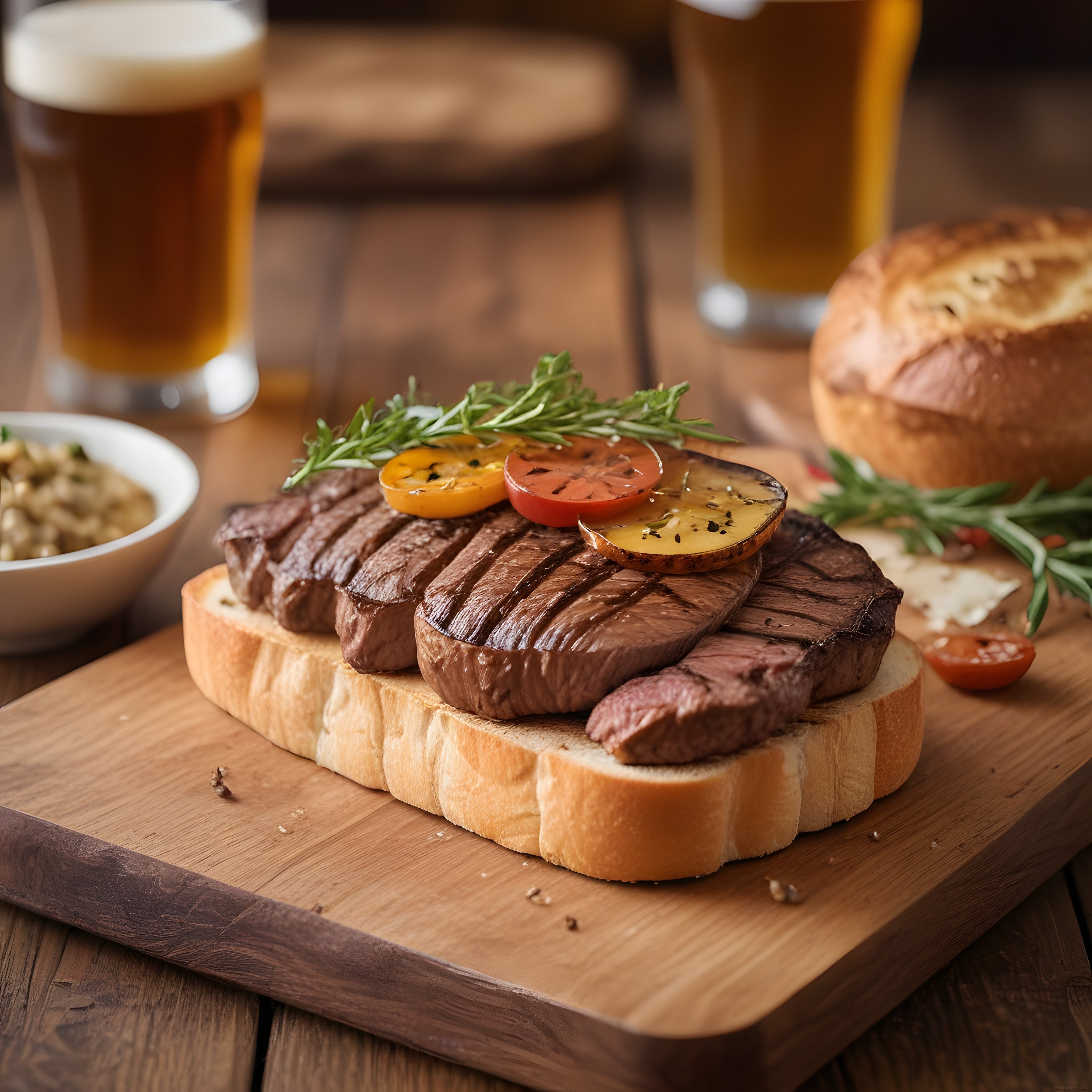 Izgara et dilimleri ve domatesli rustik sunum tahtası üzerinde pub stili yemek