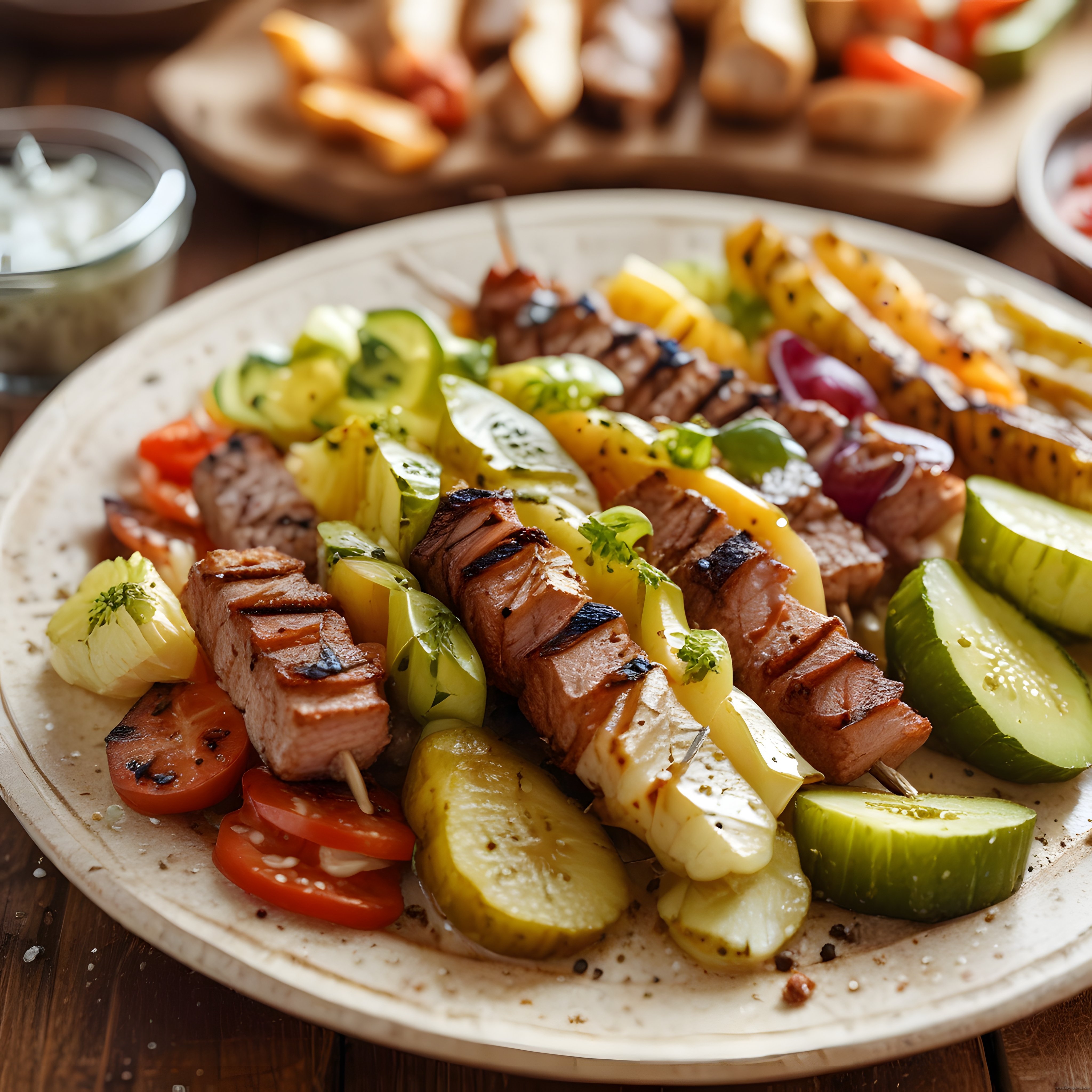 Izgara et şiş kebap, taze sebze şiş, salata ve özel sos ile rustik masa sunumu