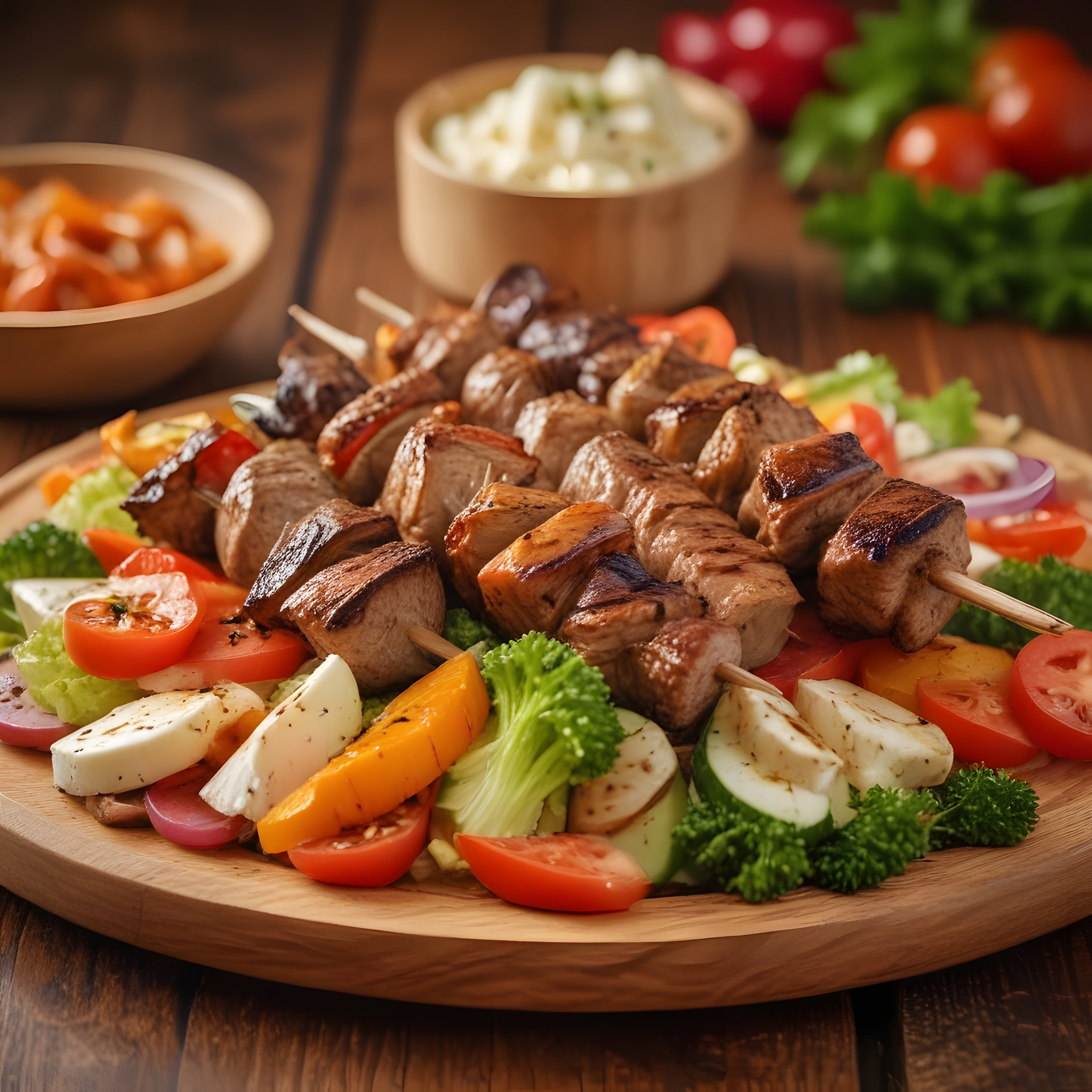 ızgara et şiş kebap ve renkli sebzelerin ahşap tahta üzerindeki enfes sunumu