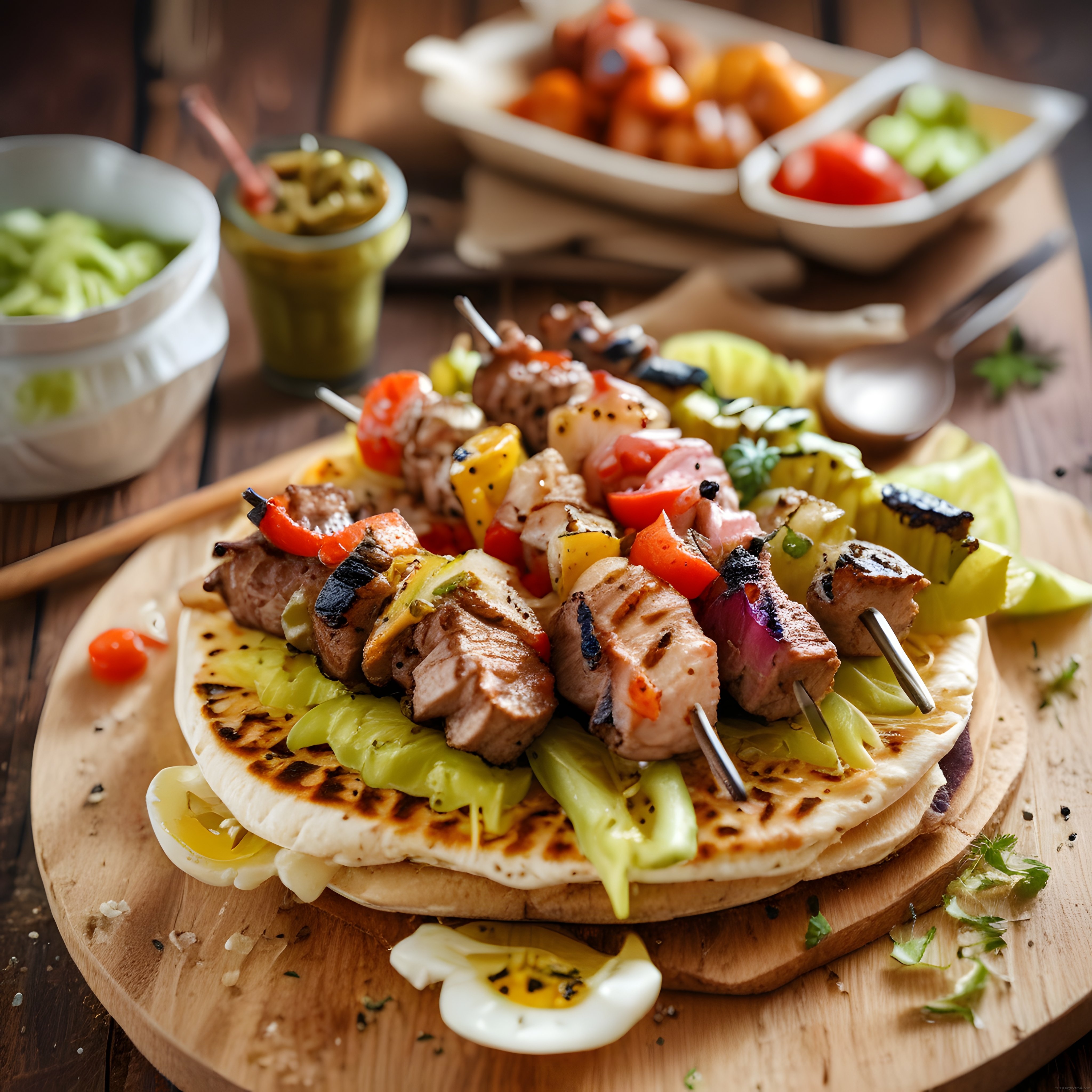 Izgara Et Şişler, Taze Sebzeler ve Soslarla Zengin Kebap Sunumu