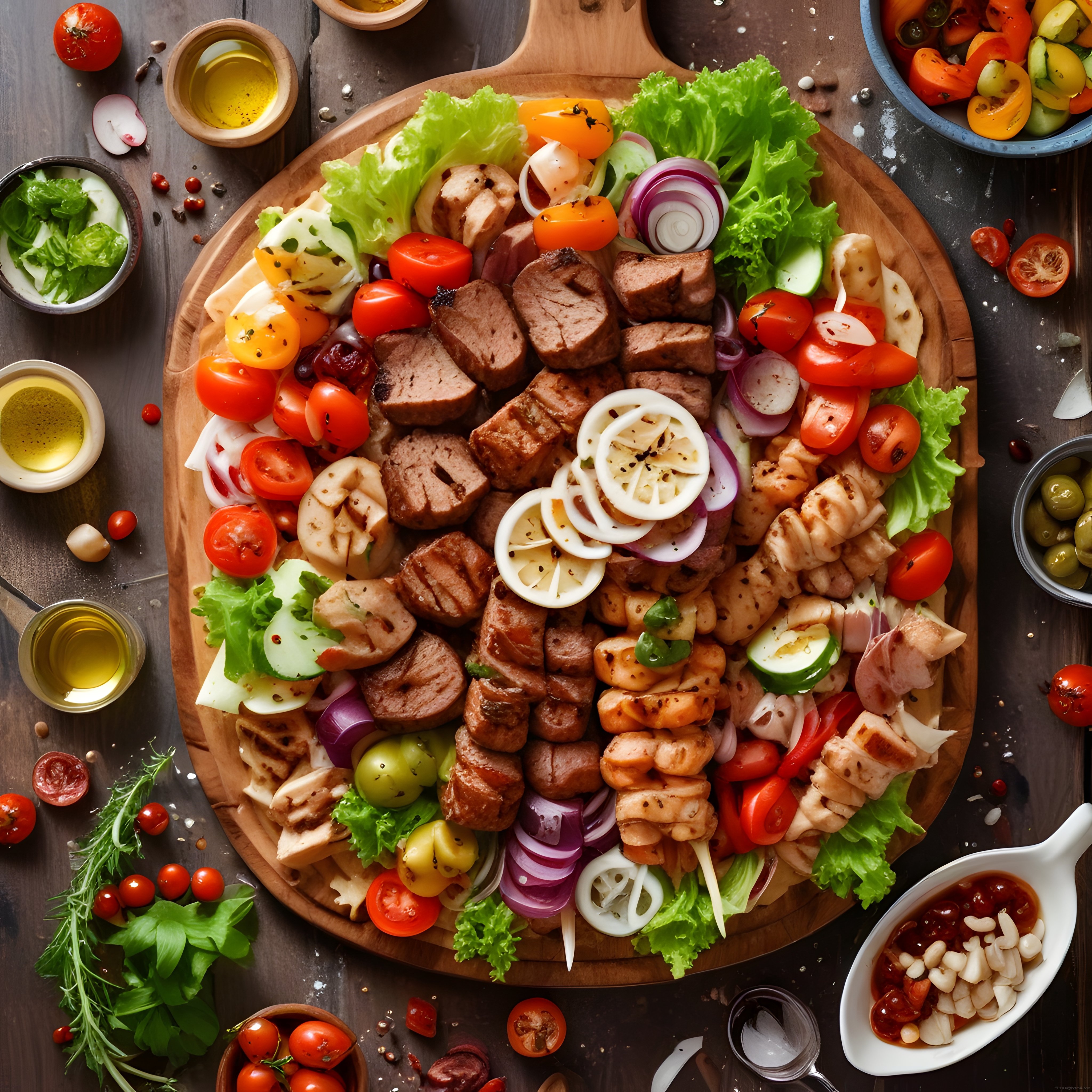 Izgara et, tavuk ve sebzelerle servis edilmiş büyük karışık mangal tabağı