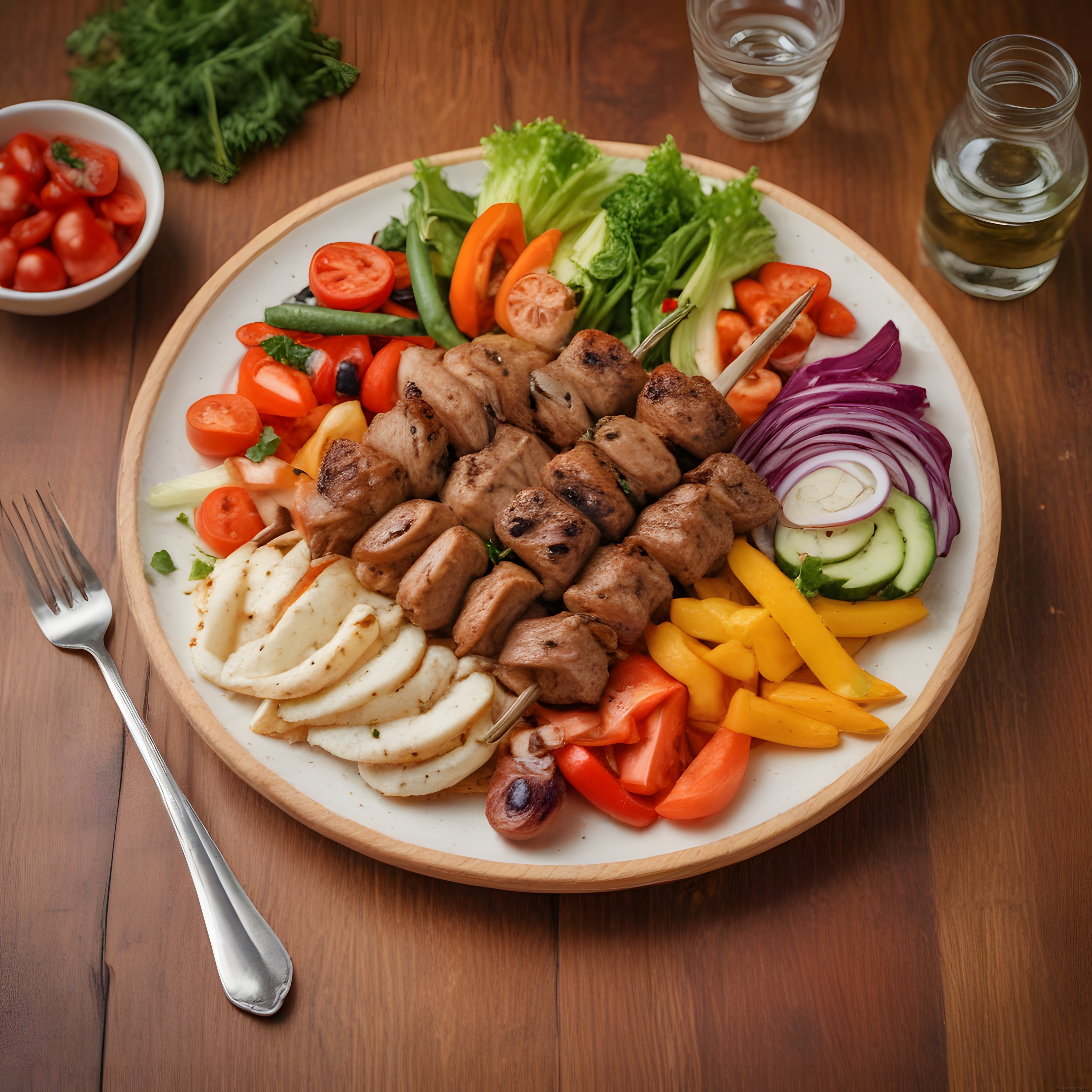 Izgara et ve hellim peynirli renkli sebze tabağı ile lezzet dolu sofra