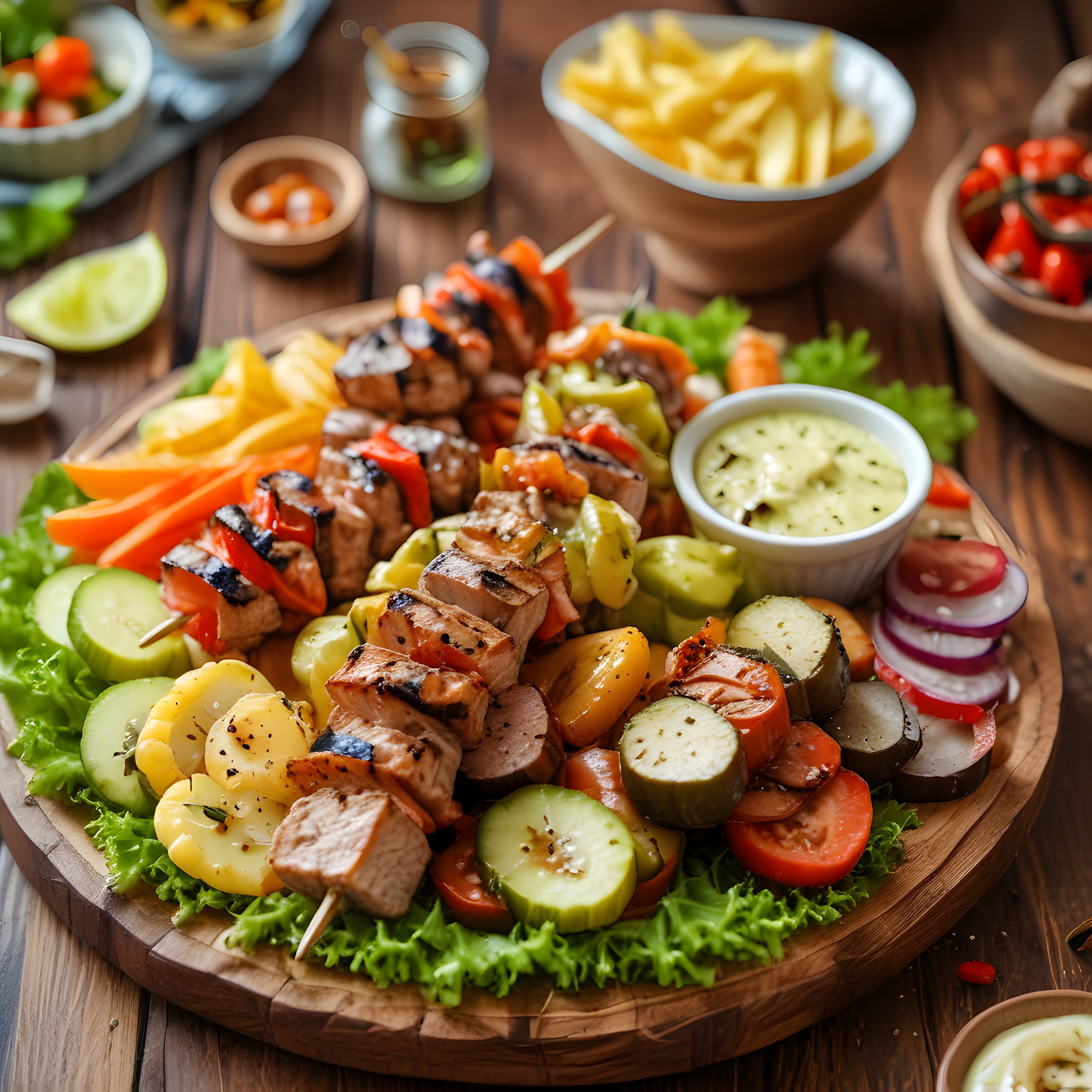 Izgara Et ve Sebze Şişleri: Renkli Garnitürlerle Ahşap Tabakta Nefis Sunum