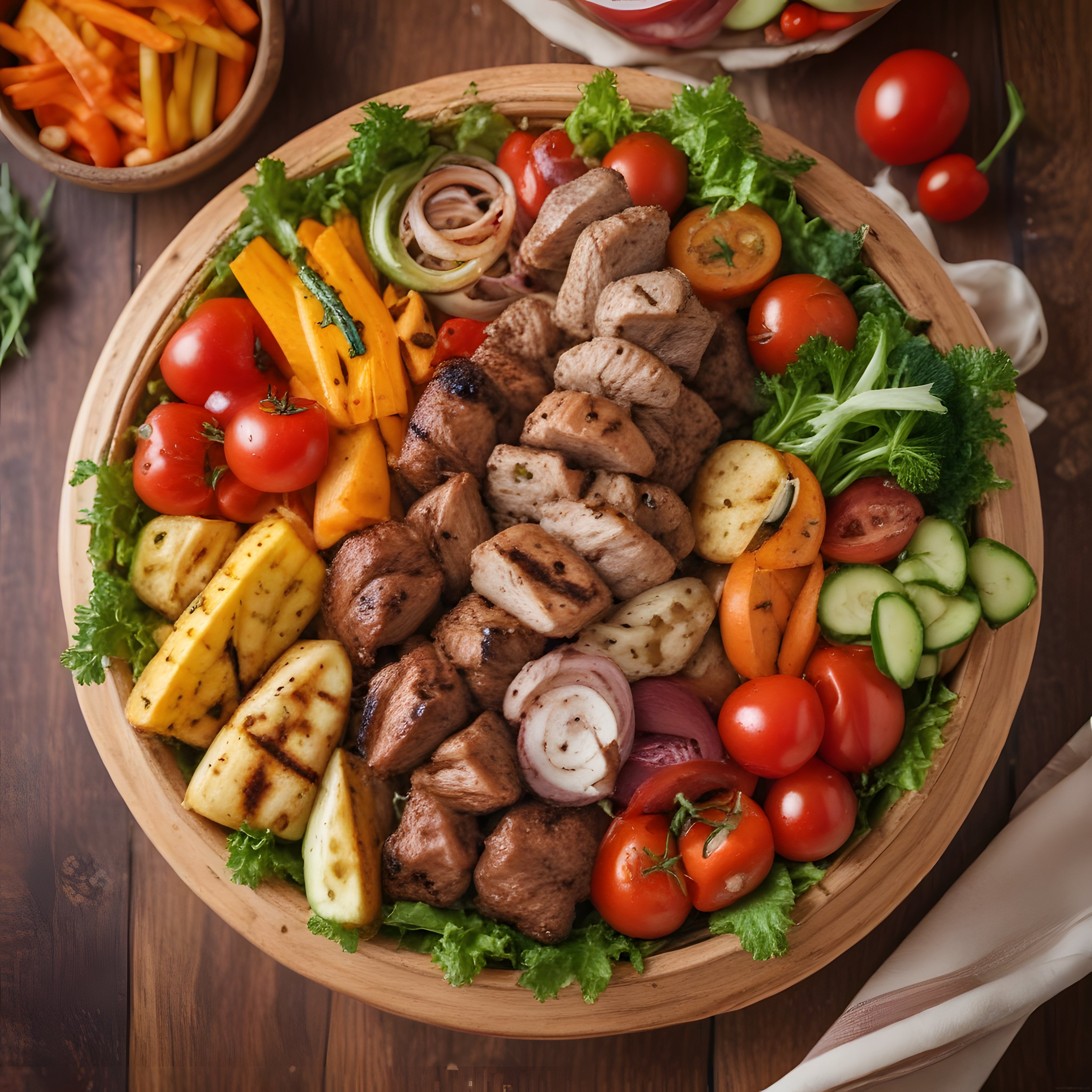 Izgara Et ve Sebze Şöleni: Büyük Ahşap Kasede Nefis Yemek Tabağı