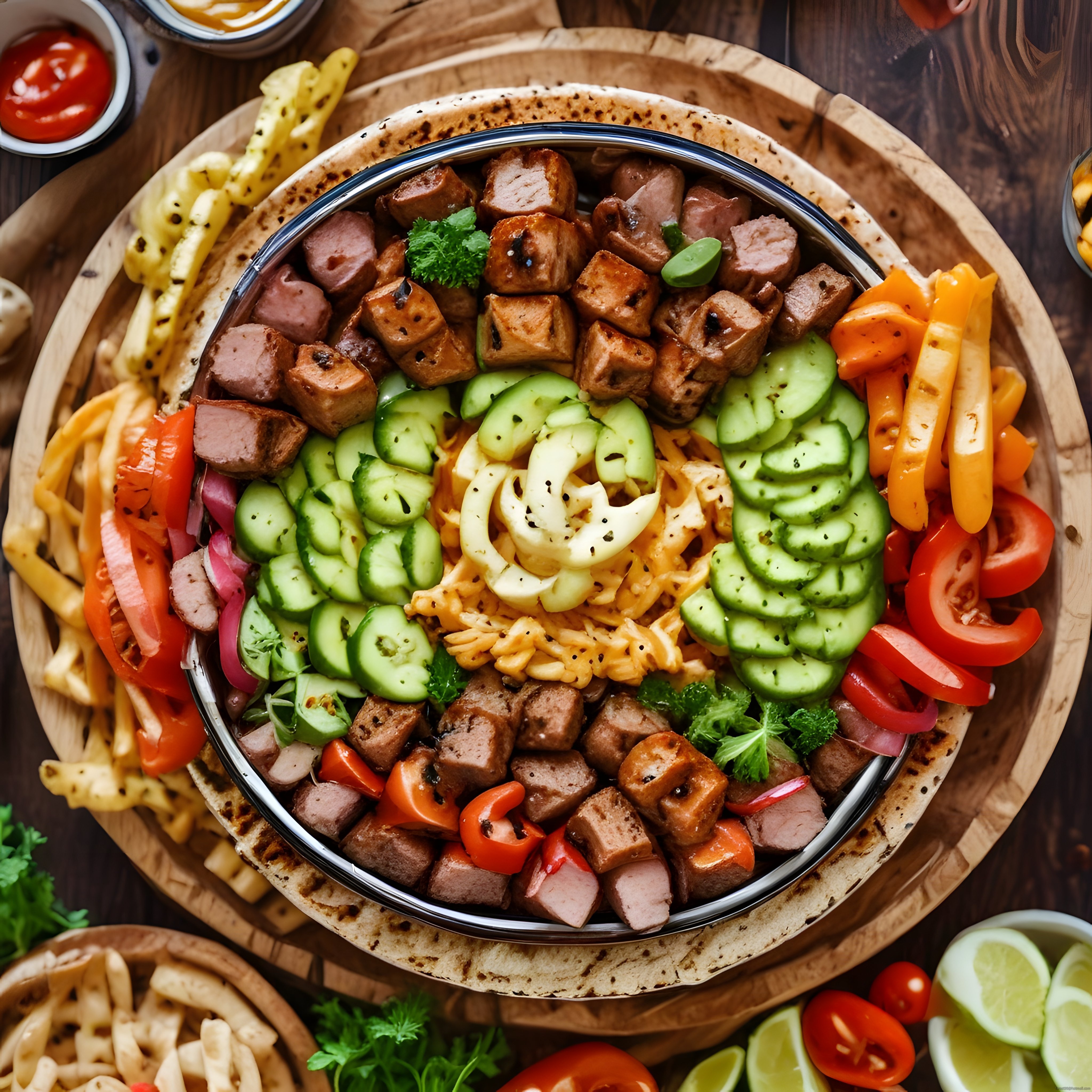 Izgara etli makarna bowl: Taze sebzeler, lavaş ve patates kızartmasıyla servis