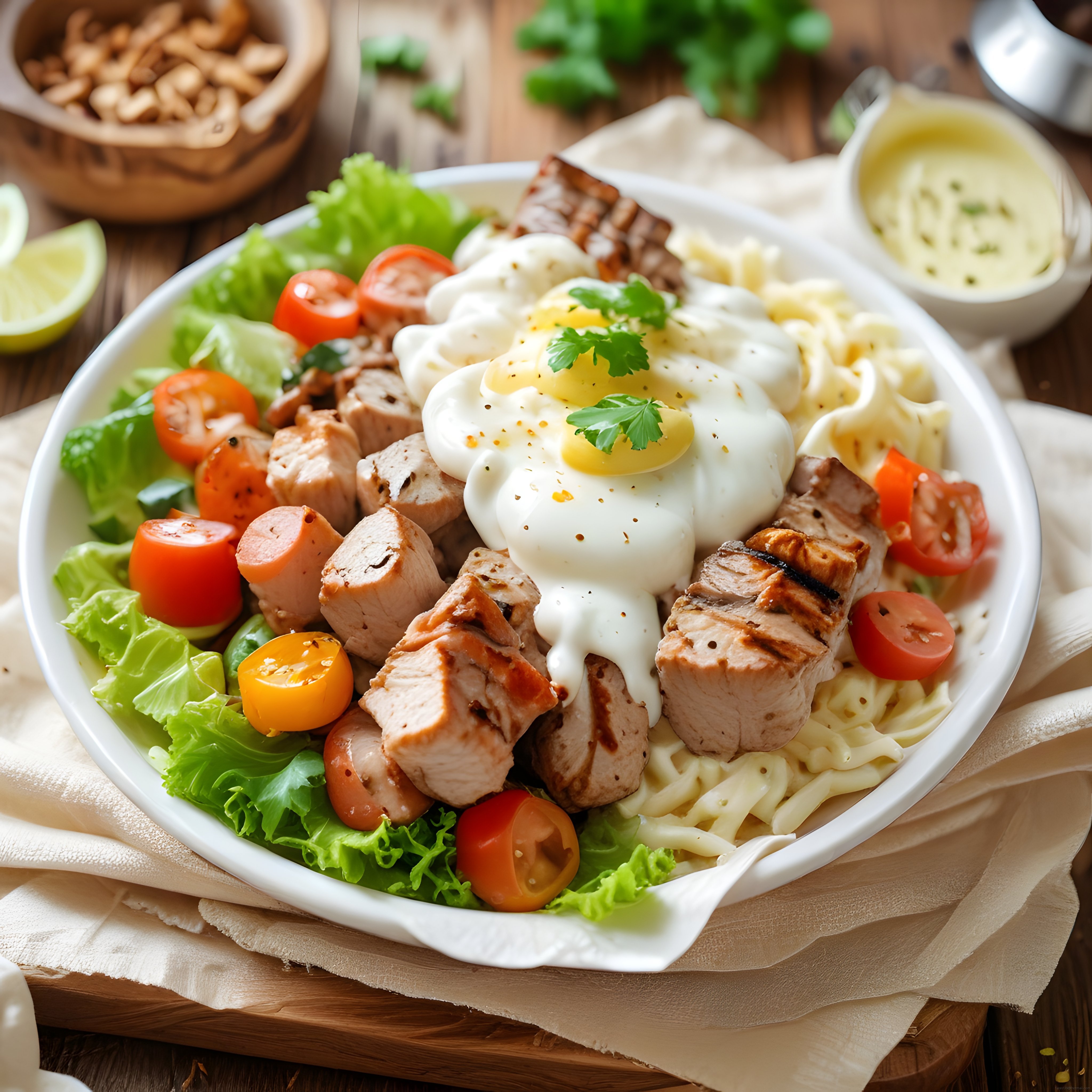 Izgara Etli Tavuklu Makarna Kasesi: Sosis, Yumurta ve Salata ile Pratik Öğün