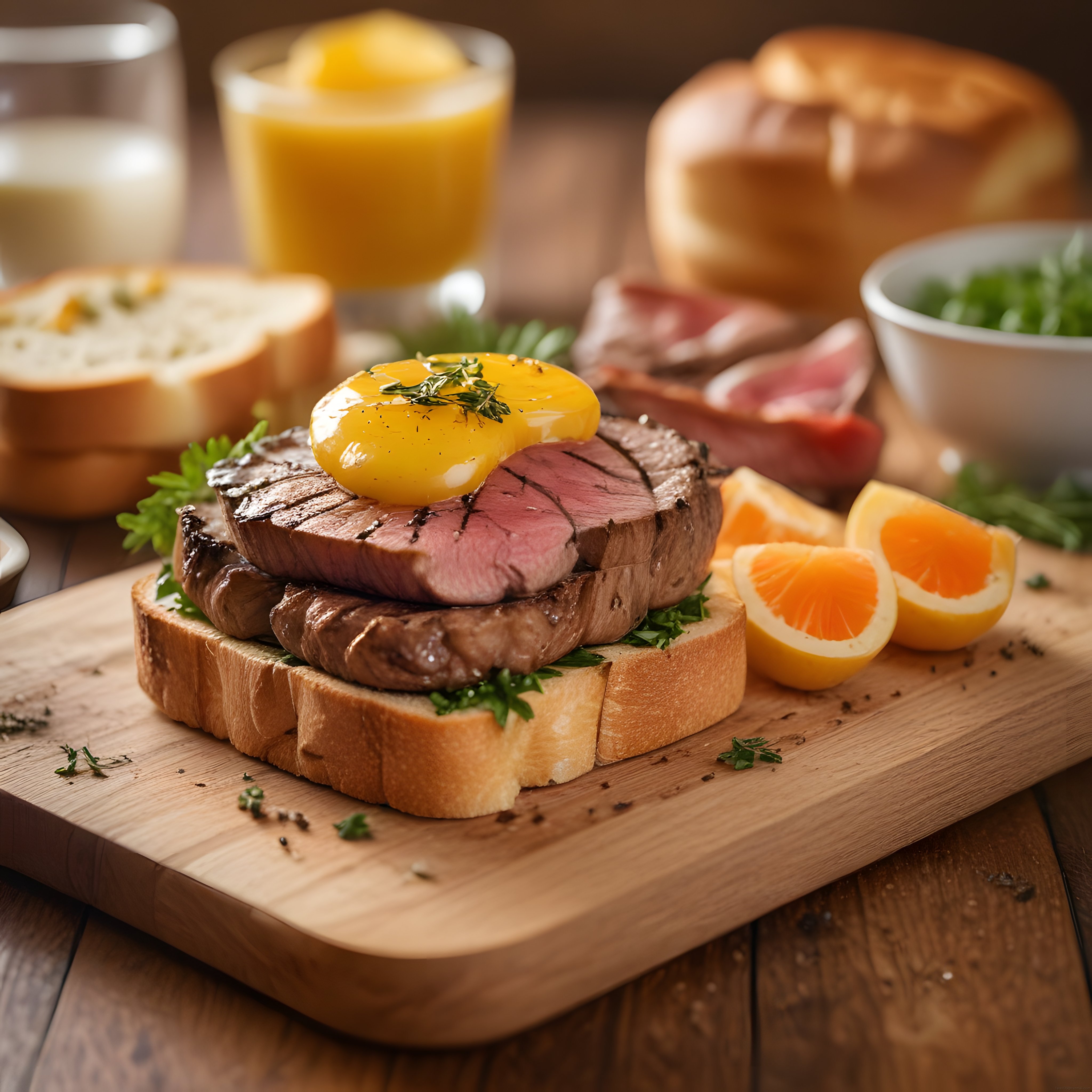 Izgara etli tost üzerine sarımsaklı sos ve portakal dilimleriyle kahvaltı