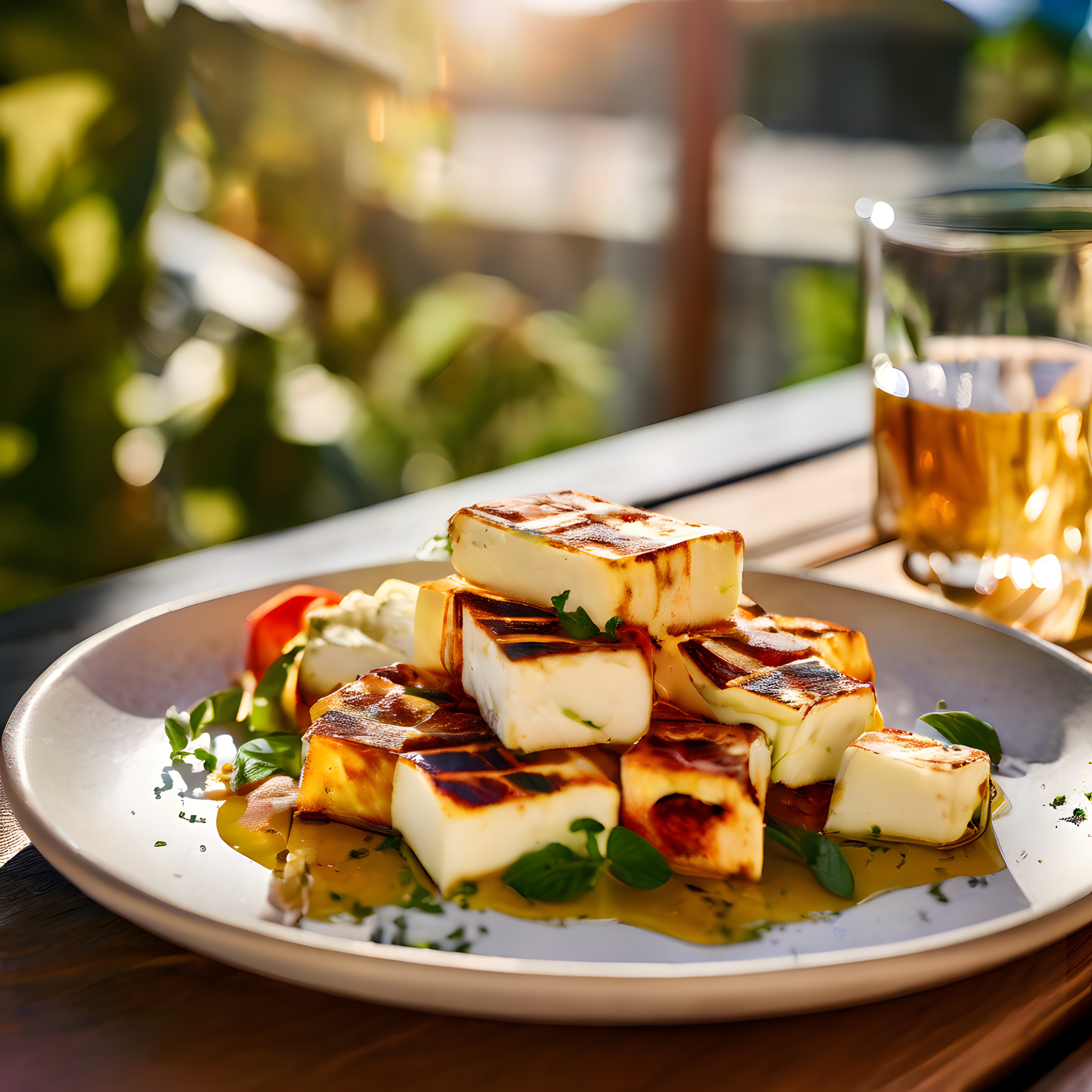 Izgara halloumi peyniri, fesleğen ve soğuk çay ile yaz keyfi masası