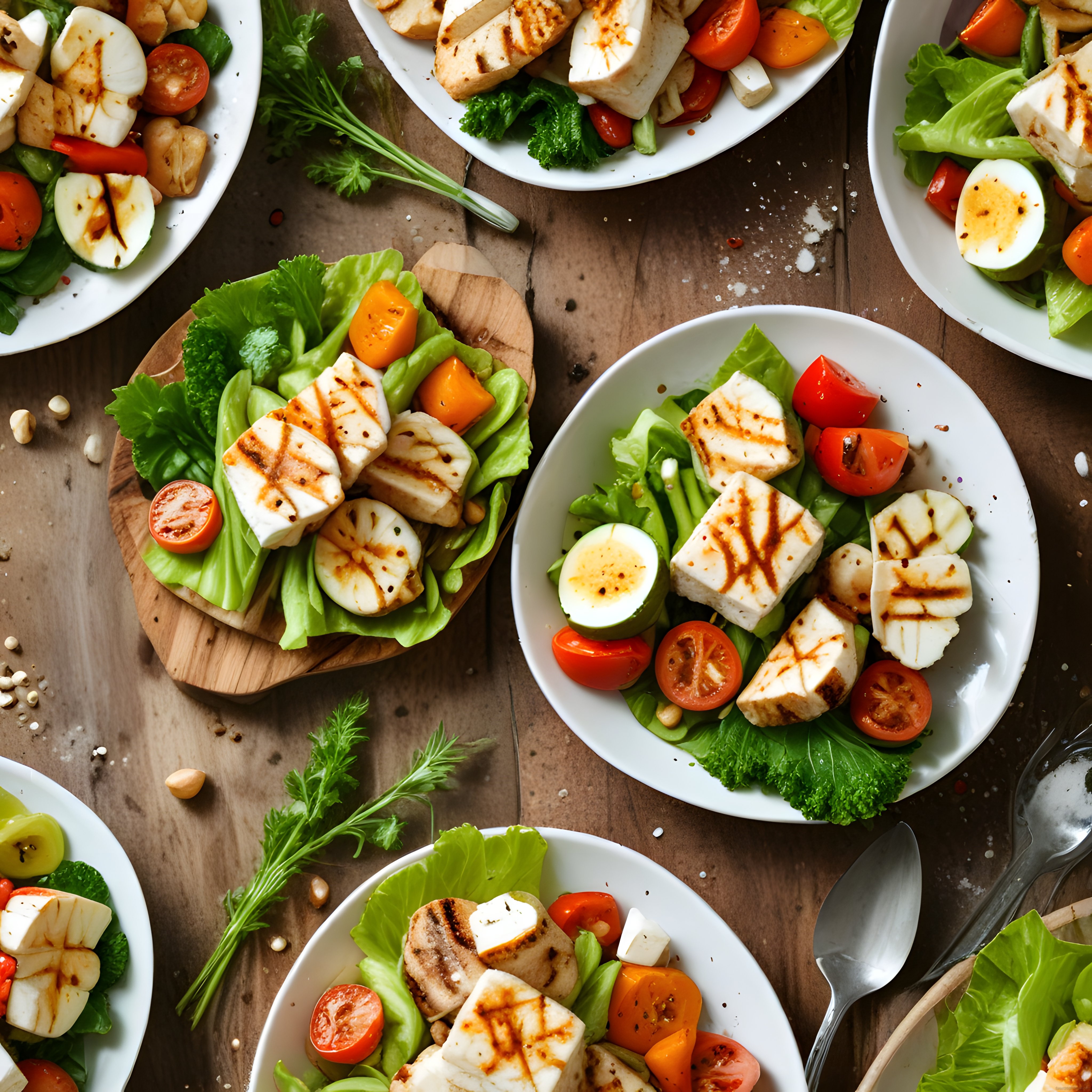 Izgara Hellim Peyniri ve Haşlanmış Yumurtalı Sağlıklı Salata Tabakları