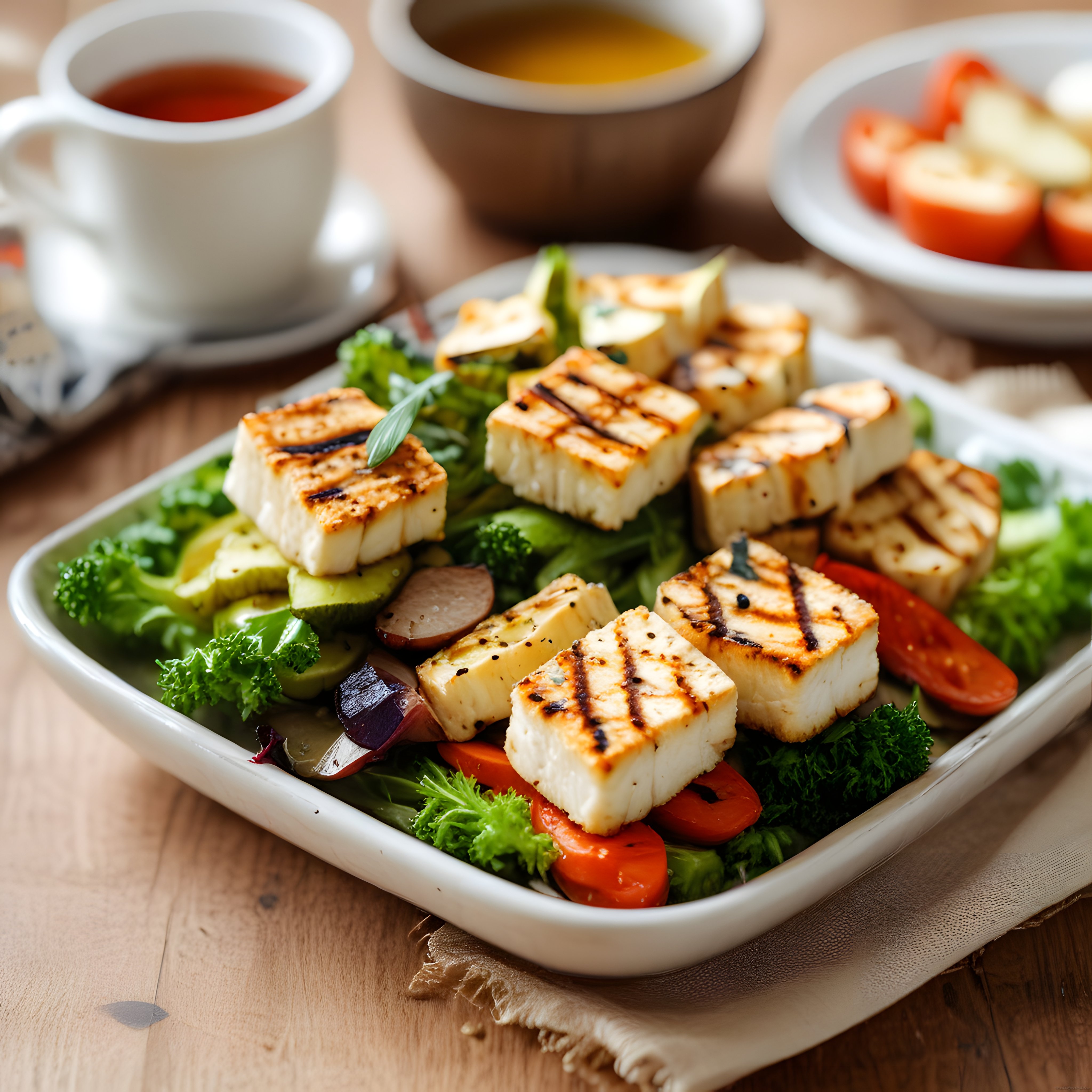 Izgara Hellim Peynirli Taze Bahçe Salatası ve Soslarla Nefis Sunum
