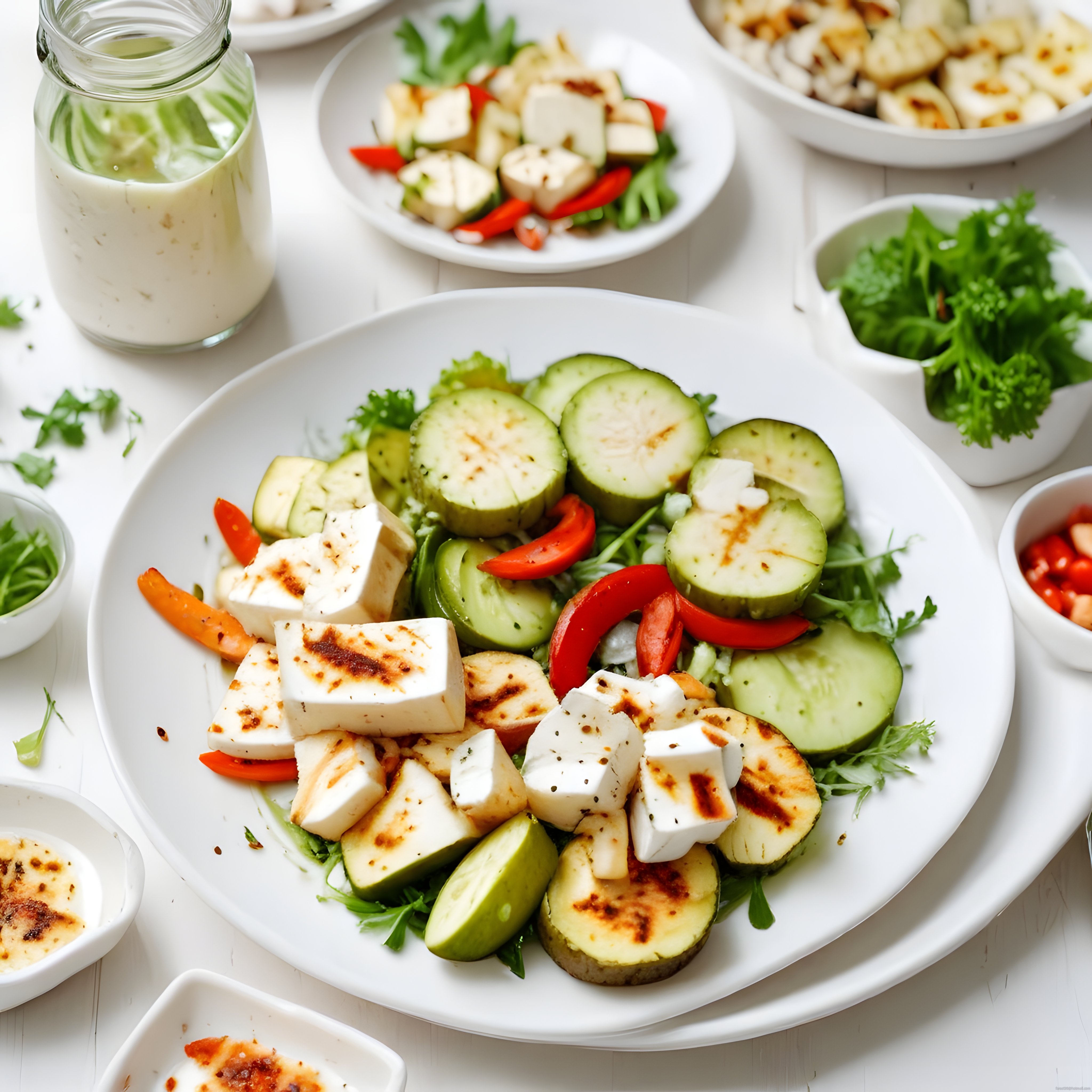 Izgara Hellim ve Taze Sebzelerle Renkli Sağlıklı Salata Sunumu