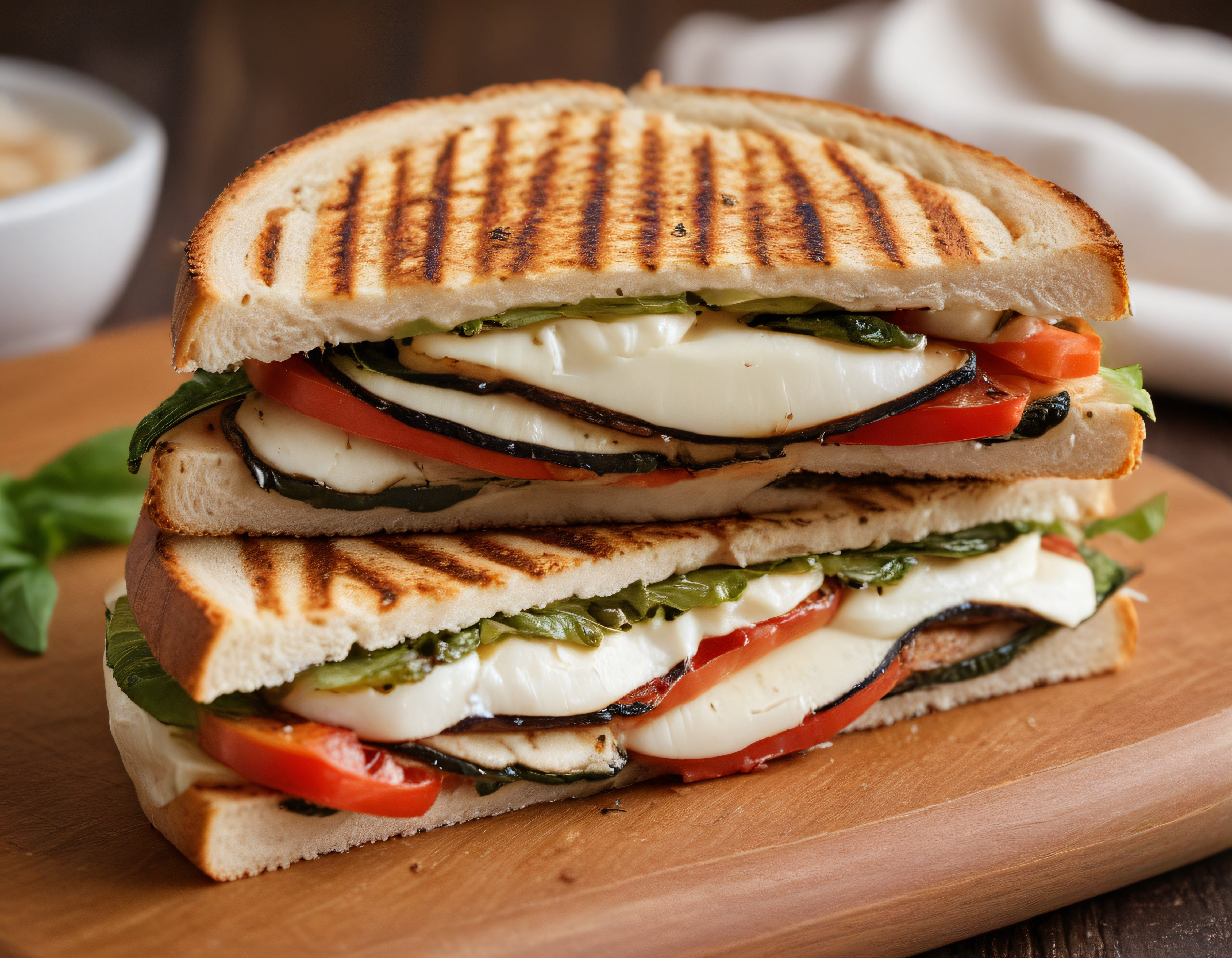 Izgara izli çıtır ekmek arasında erimiş mozzarella ve taze sebzelerle hazırlanan nefis panini sandviç