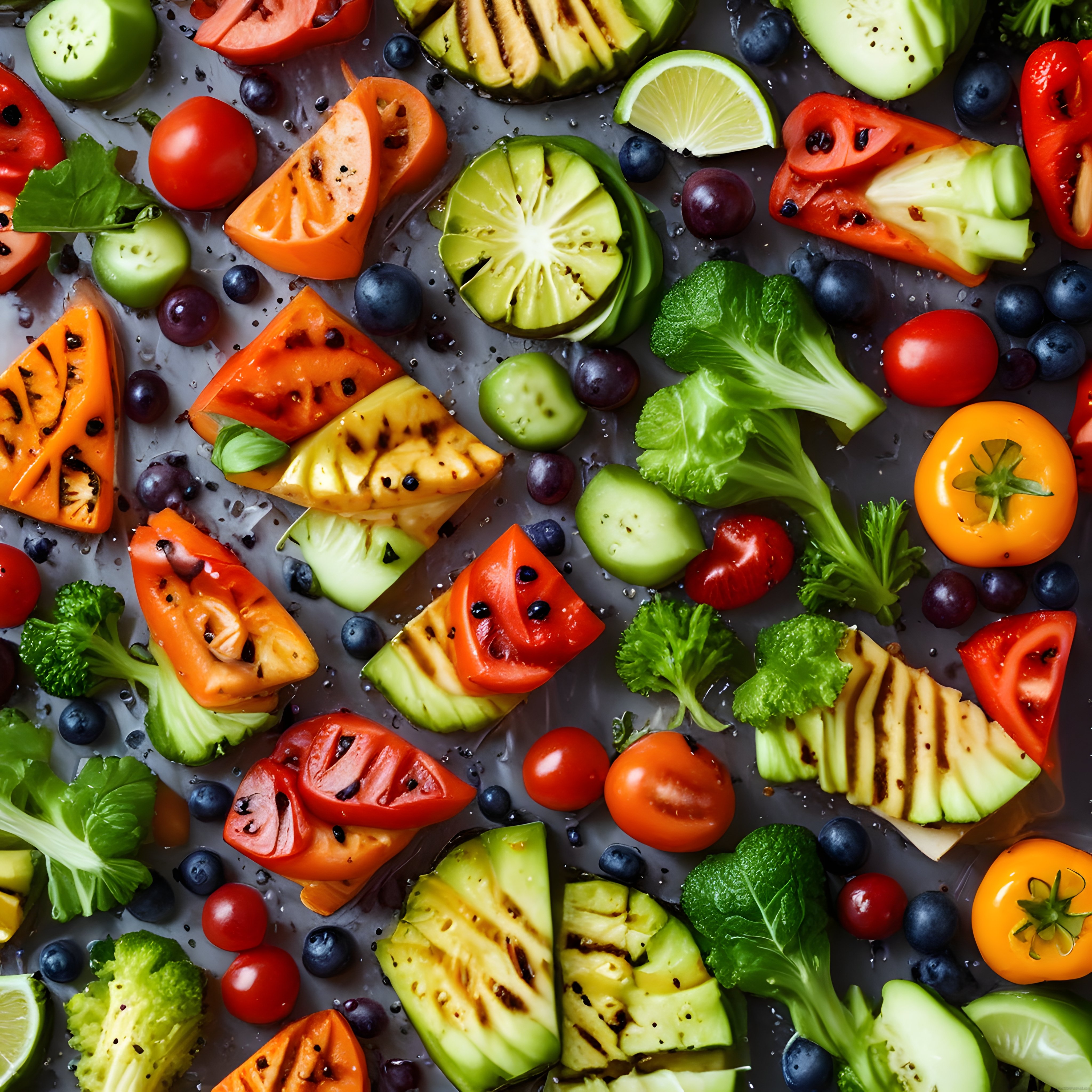 Izgara izli taze sebzeler ve meyvelerle hazırlanmış sağlıklı vegan tabak