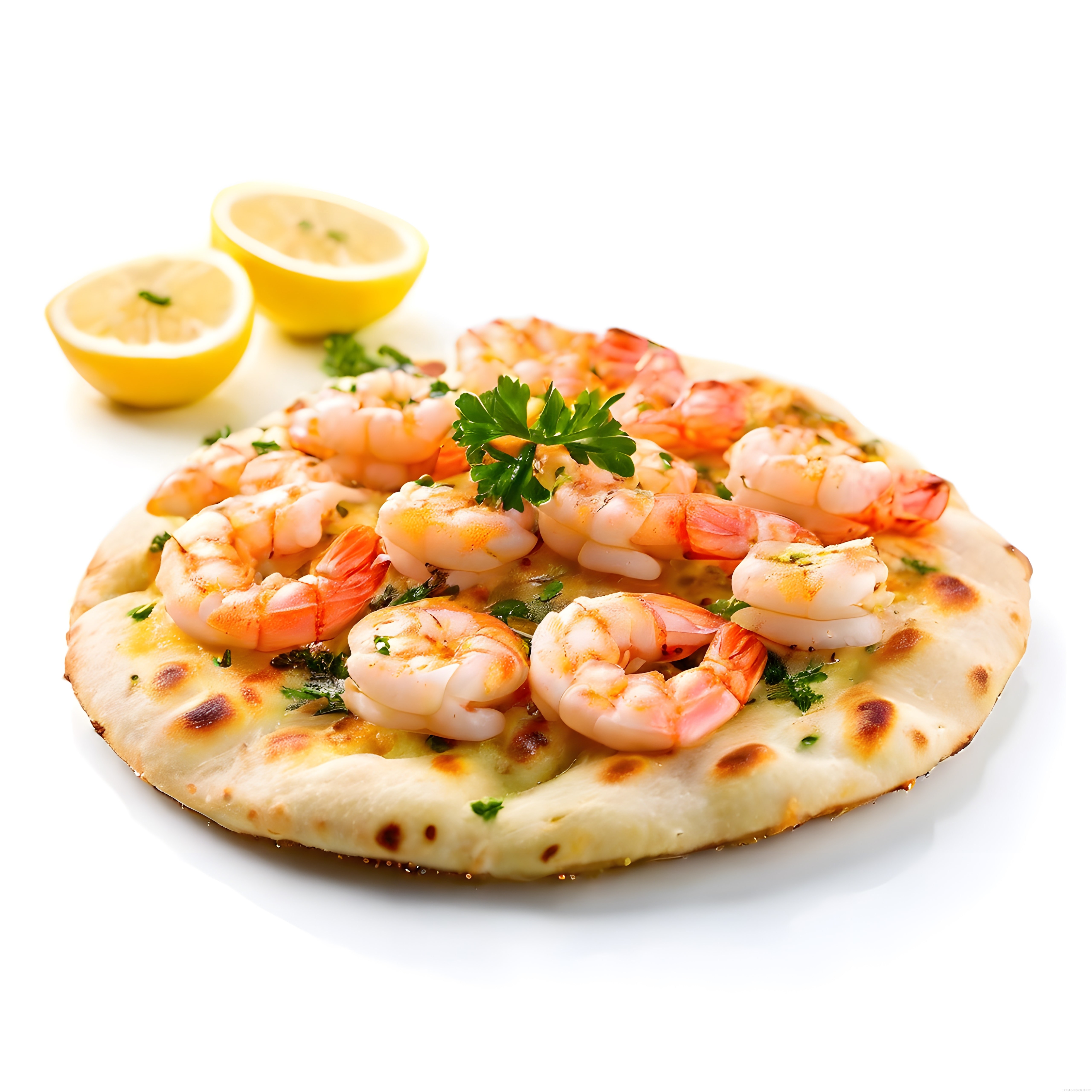 Izgara karidesli, taze maydanozlu ve limonlu ev yapımı pizza sunumu