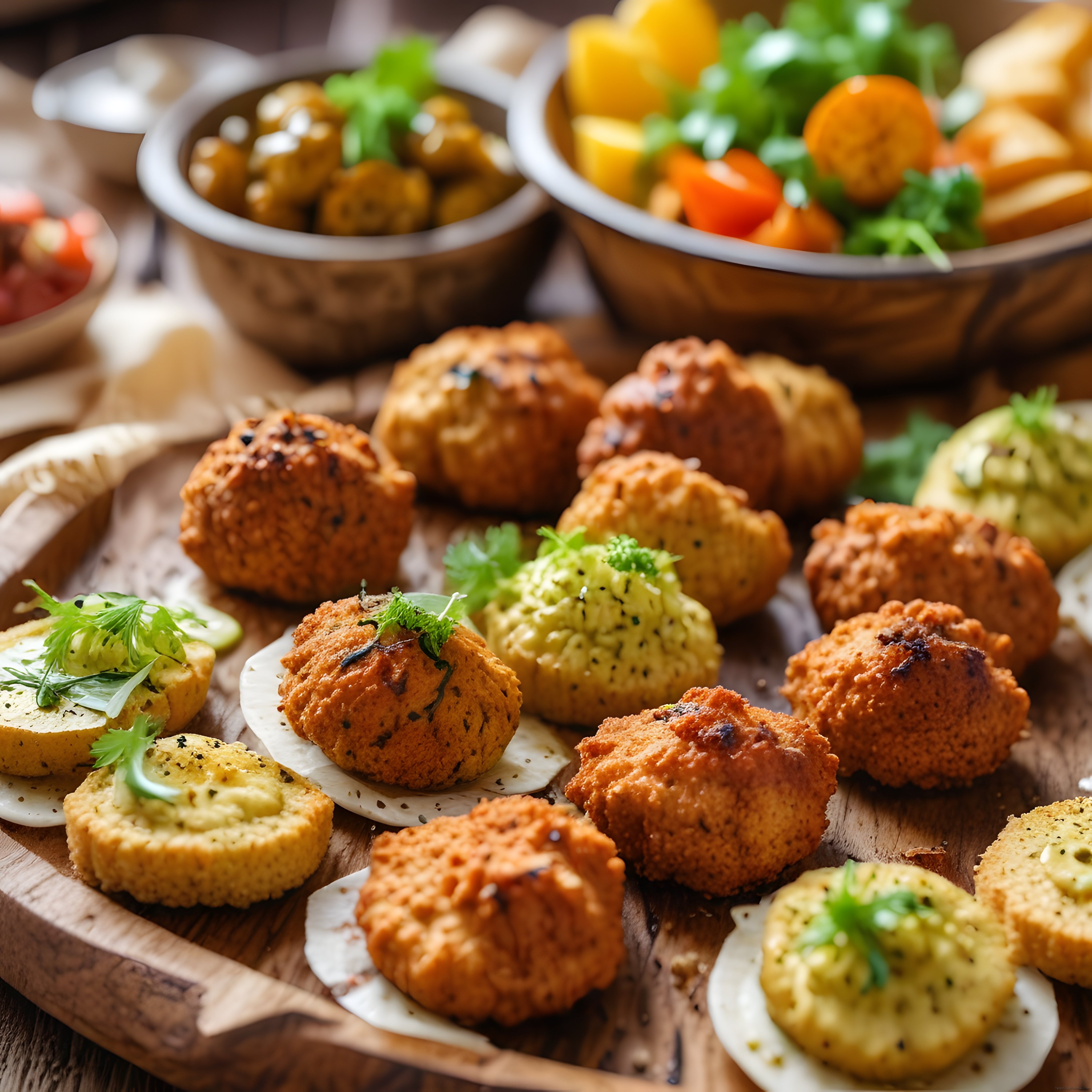 Izgara köfteler, ezmeli ekmek ve nohut mezeleriyle zengin vejetaryen tabak
