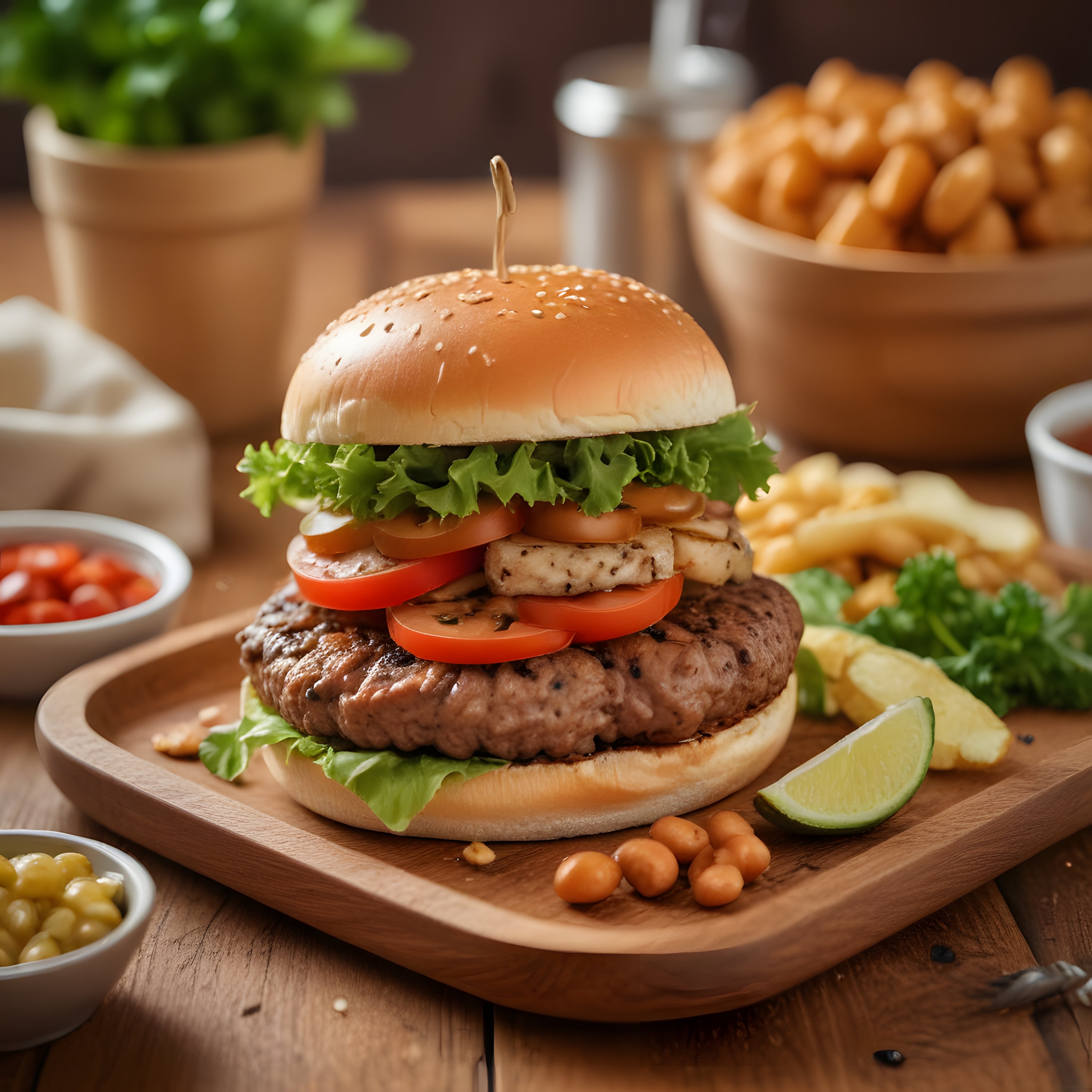 Izgara Köfteli Mantar ve Domatesli Gourmet Hamburger Sunumu