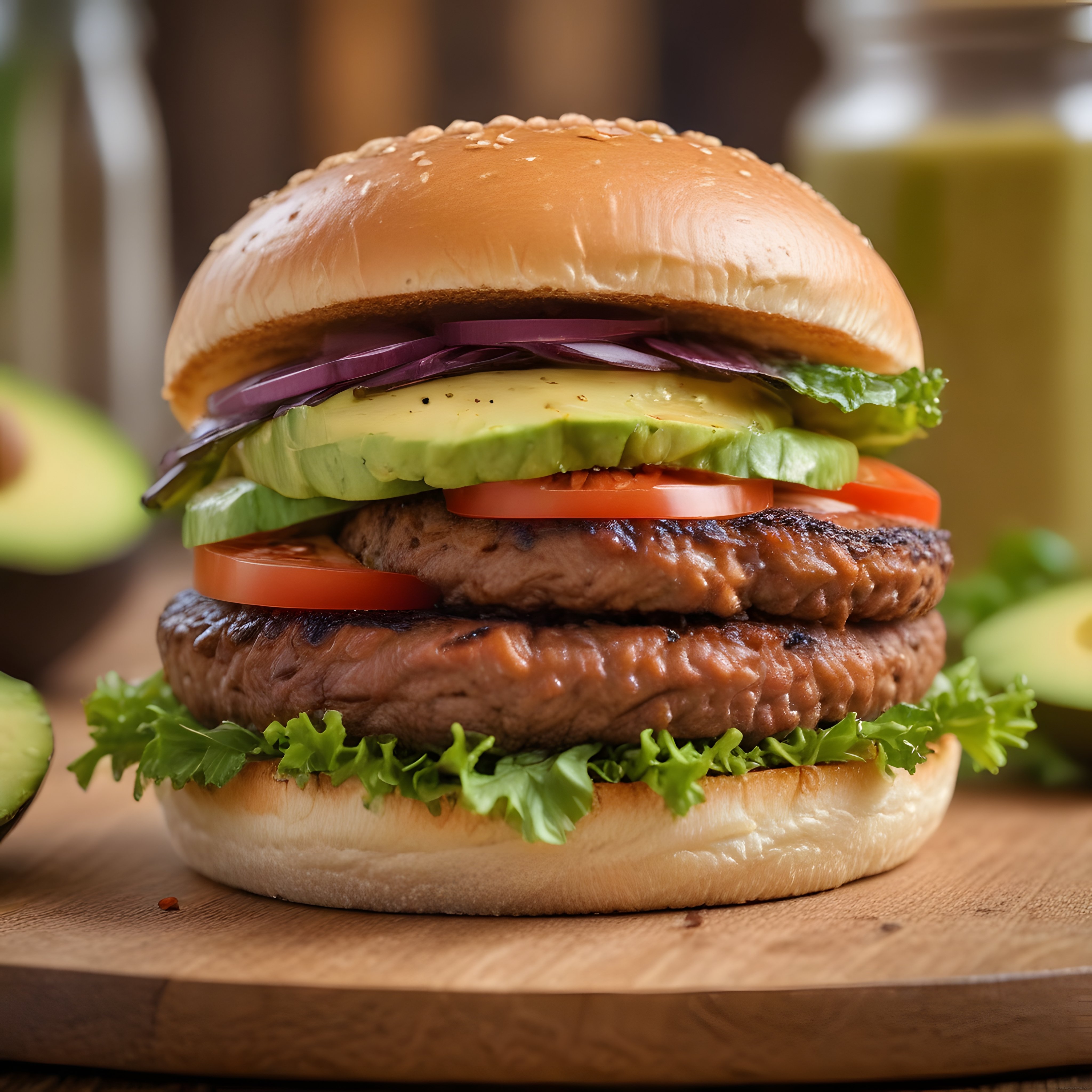 ızgara köfteli ve taze avokadolu çift katlı susamlı hamburger
