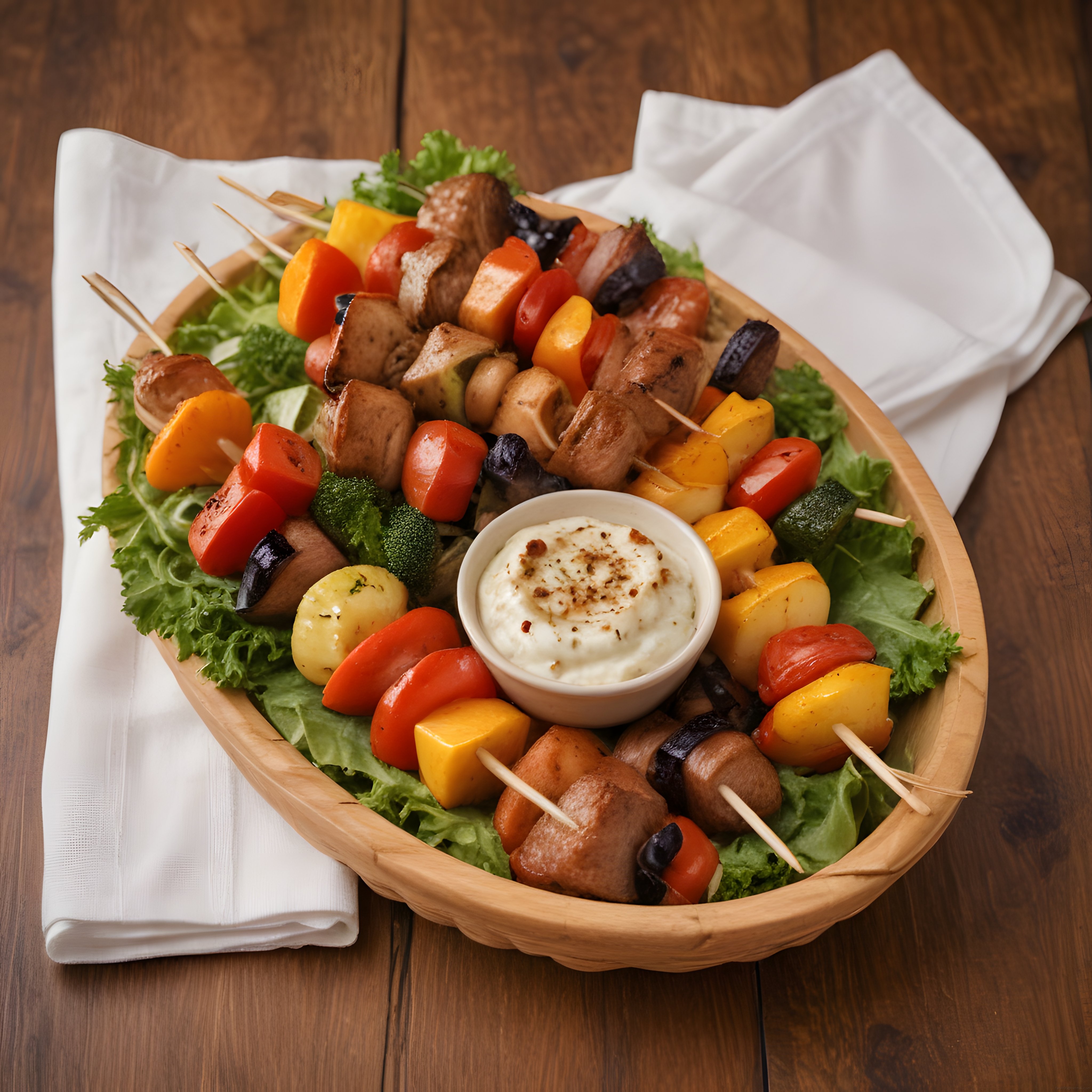 Izgara Lezzetleri: Şiş Kebap, Sebzeler ve Kremalı Dip Sos Sunumu