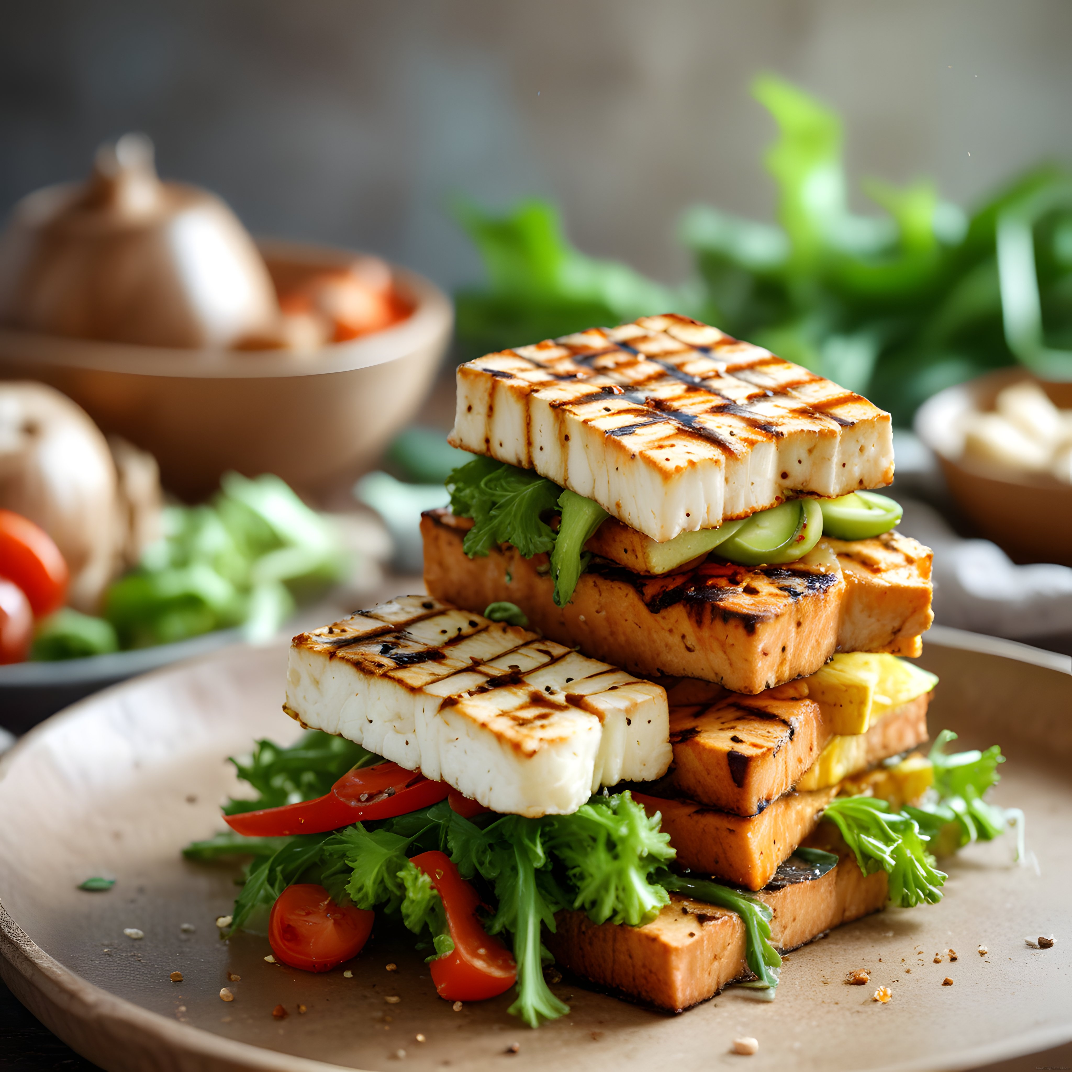 Izgara Peynir Dilimleri ve Taze Sebzelerle Katlı Sağlıklı Burger Sunumu
