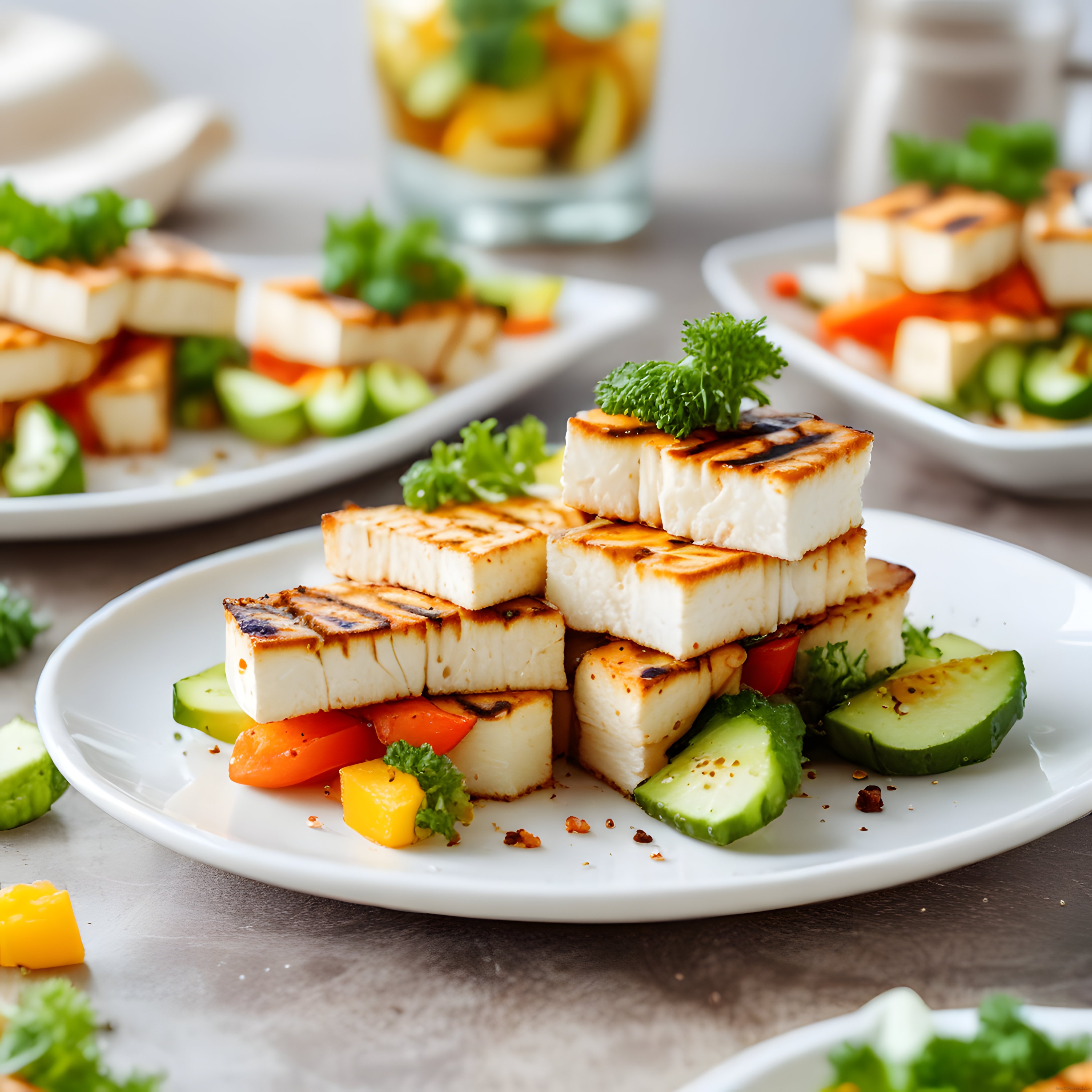 Izgara peynir, domates ve salatalıkla hazırlanan besleyici salata tabağı