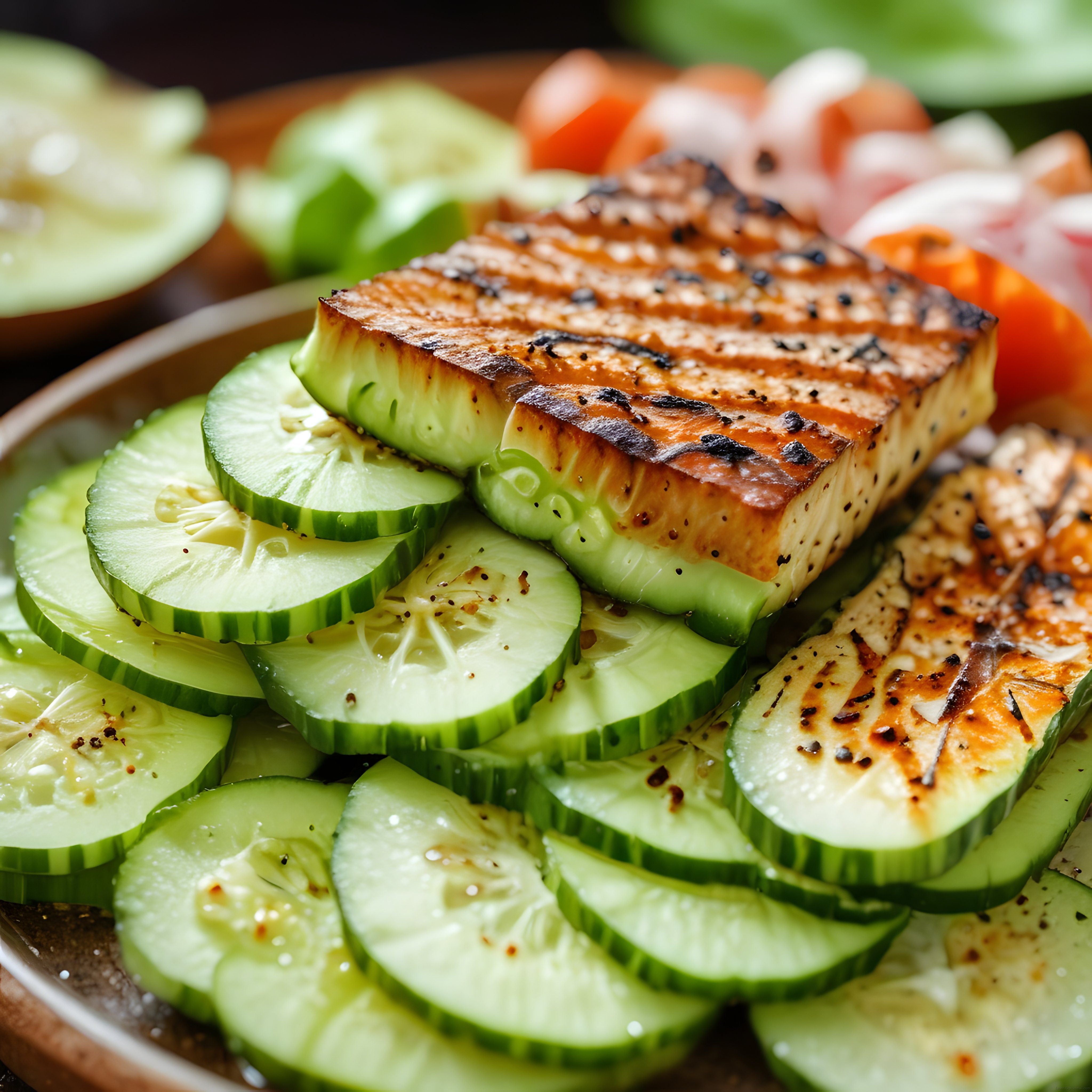 Izgara Peynirli ve Salatalıklı Nefis Sağlıklı Salata Tabağı Sunumu
