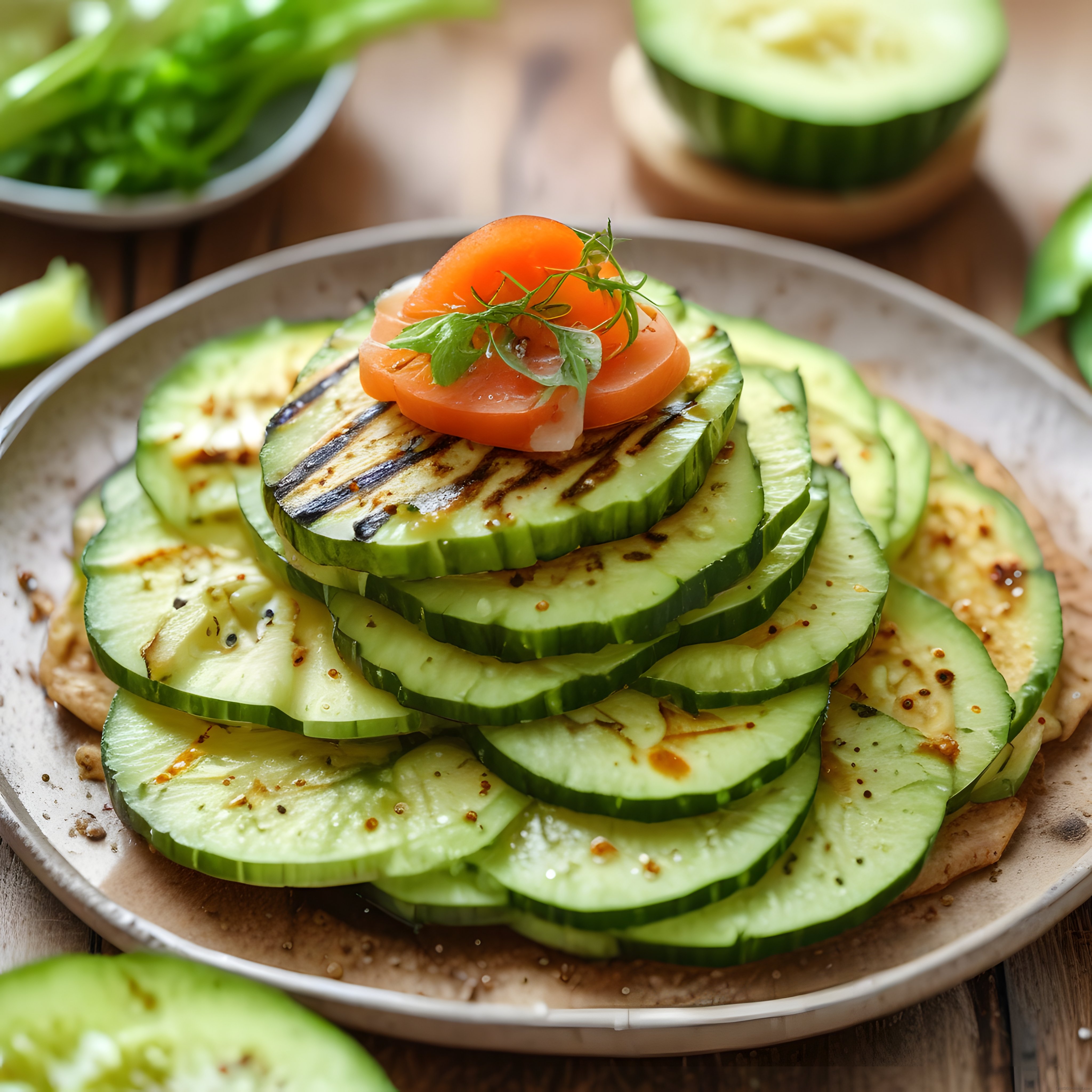 Izgara salatalık dilimleriyle avokadolu ve domatesli sağlıklı vegan tabak sunumu