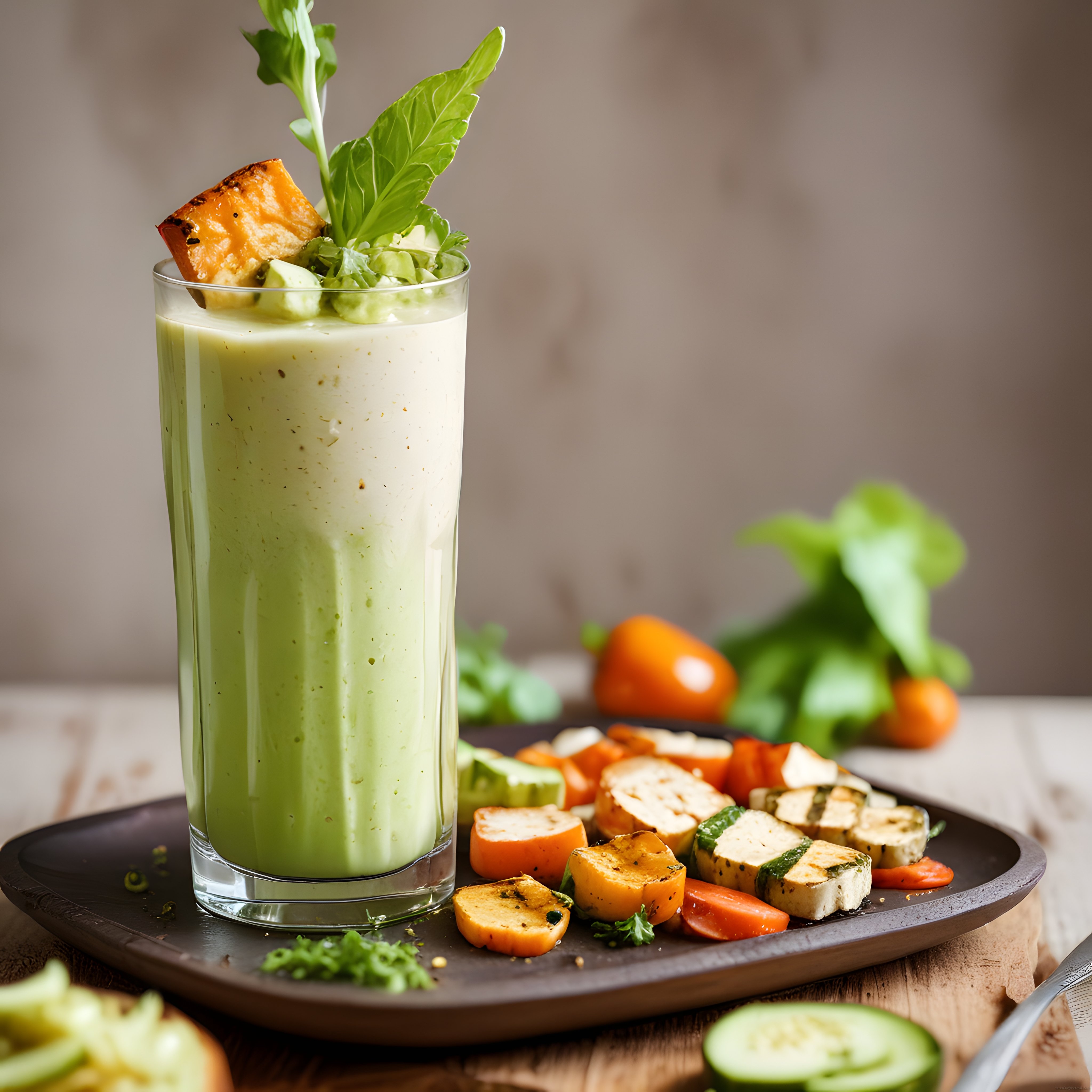 Izgara Sebzeli Hellim ve Roka Süslemeli Besleyici Yeşil Smoothie