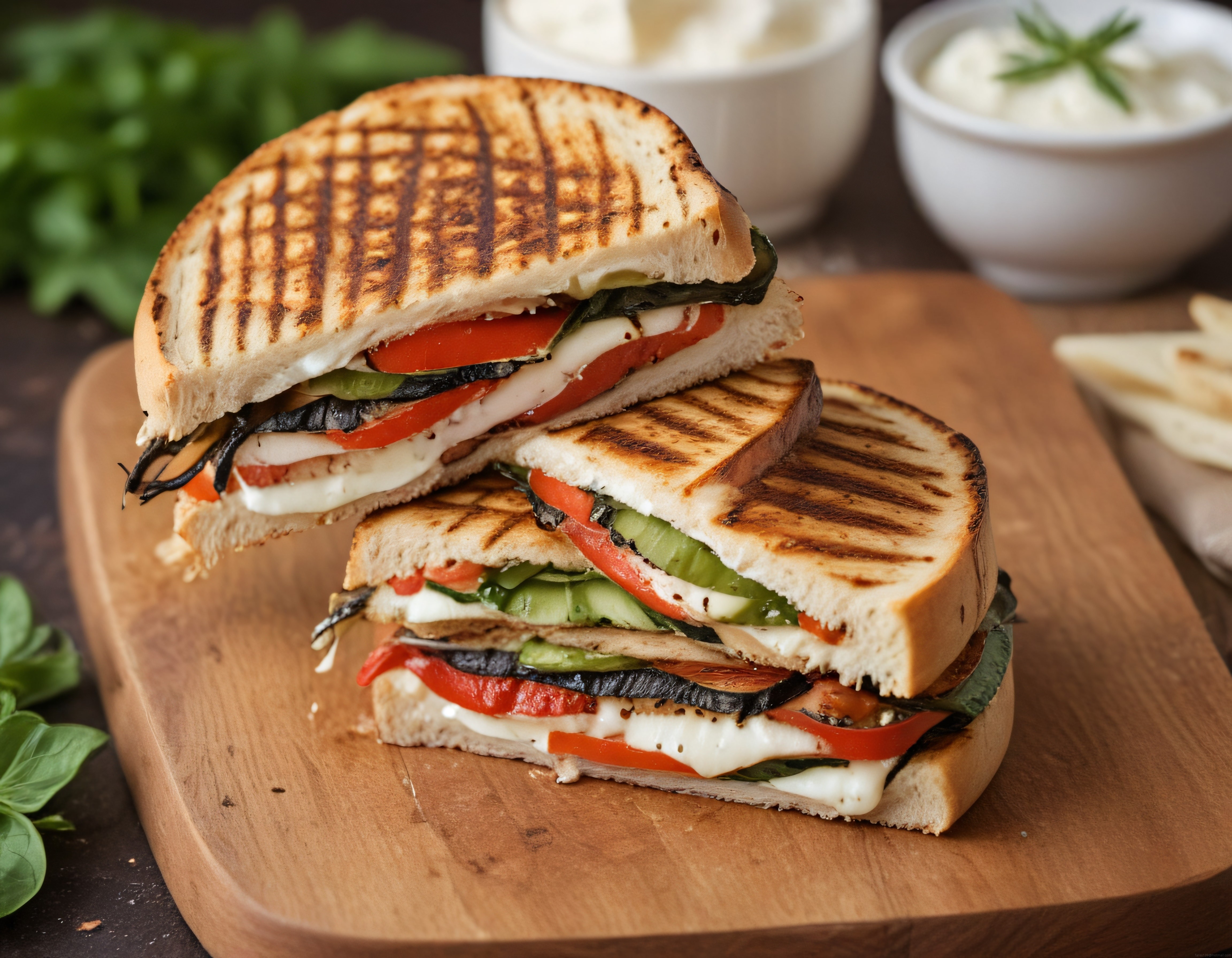 Izgara Sebzeli ve Peynirli Tost Sandviçler: Ahşap Tahta Üzerinde Nefis Sunum