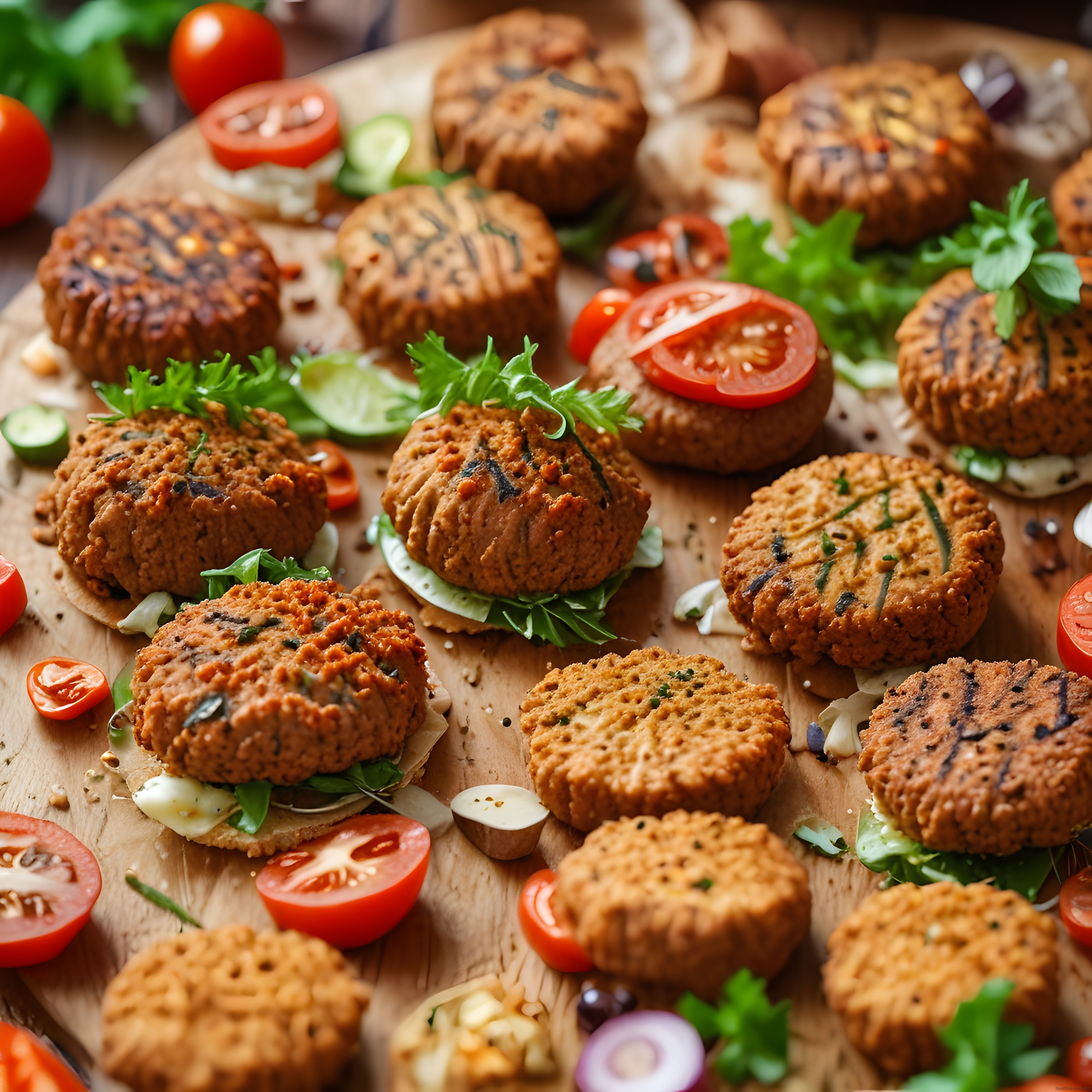 Izgara Sebzeli Vegan Burger Köfteleri ve Taze Domatesli Ahşap Sunum