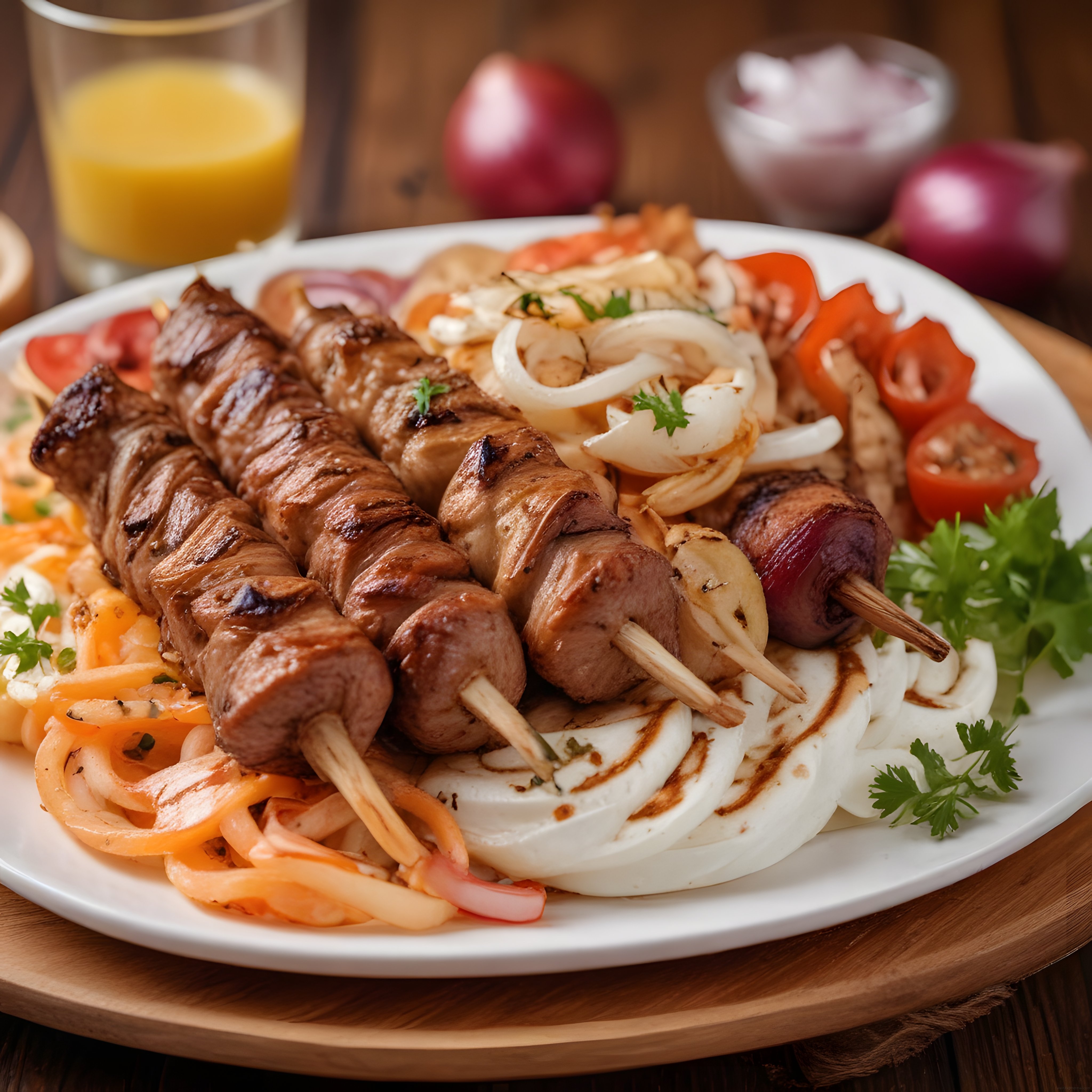 Izgara şiş kebabı, kızarmış peynir ve soğan halkalarıyla servis edilmiştir.