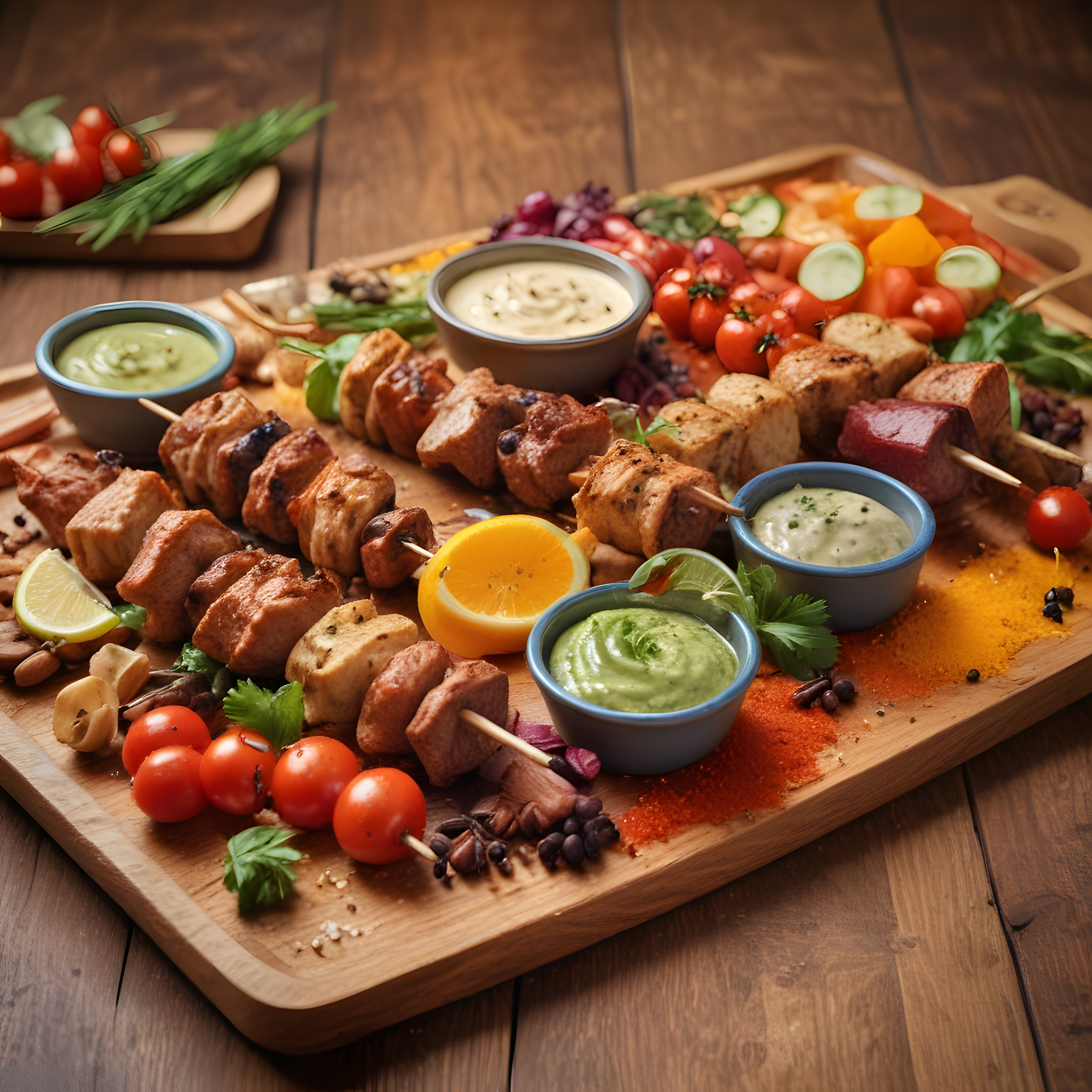 Izgara Şiş Kebap Çeşitleri, Dip Soslar ve Taze Sebzelerle Rustik Sunum