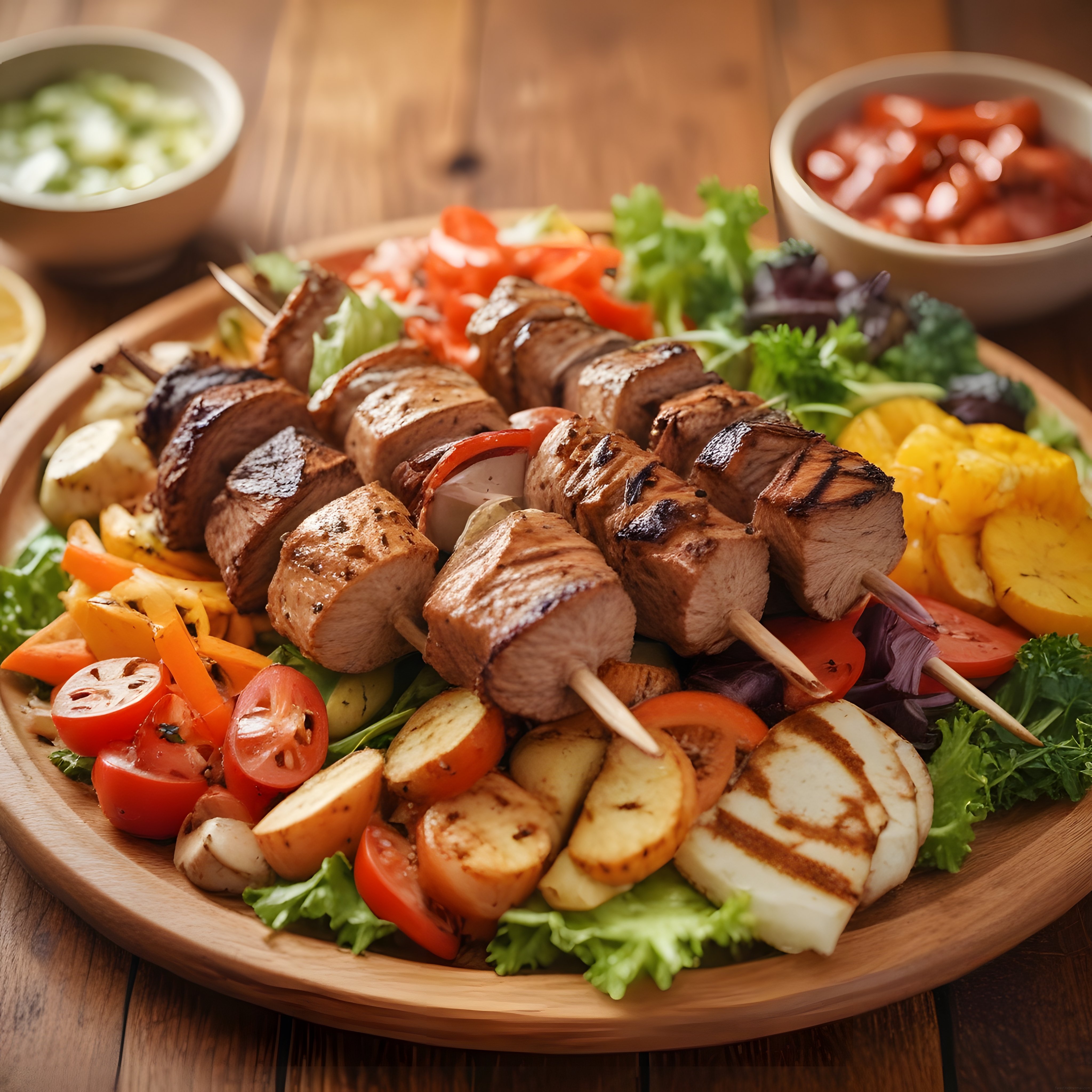 Izgara Şiş Kebap, Hellim Peyniri ve Akdeniz Sebzeleriyle Zengin Et Tabağı