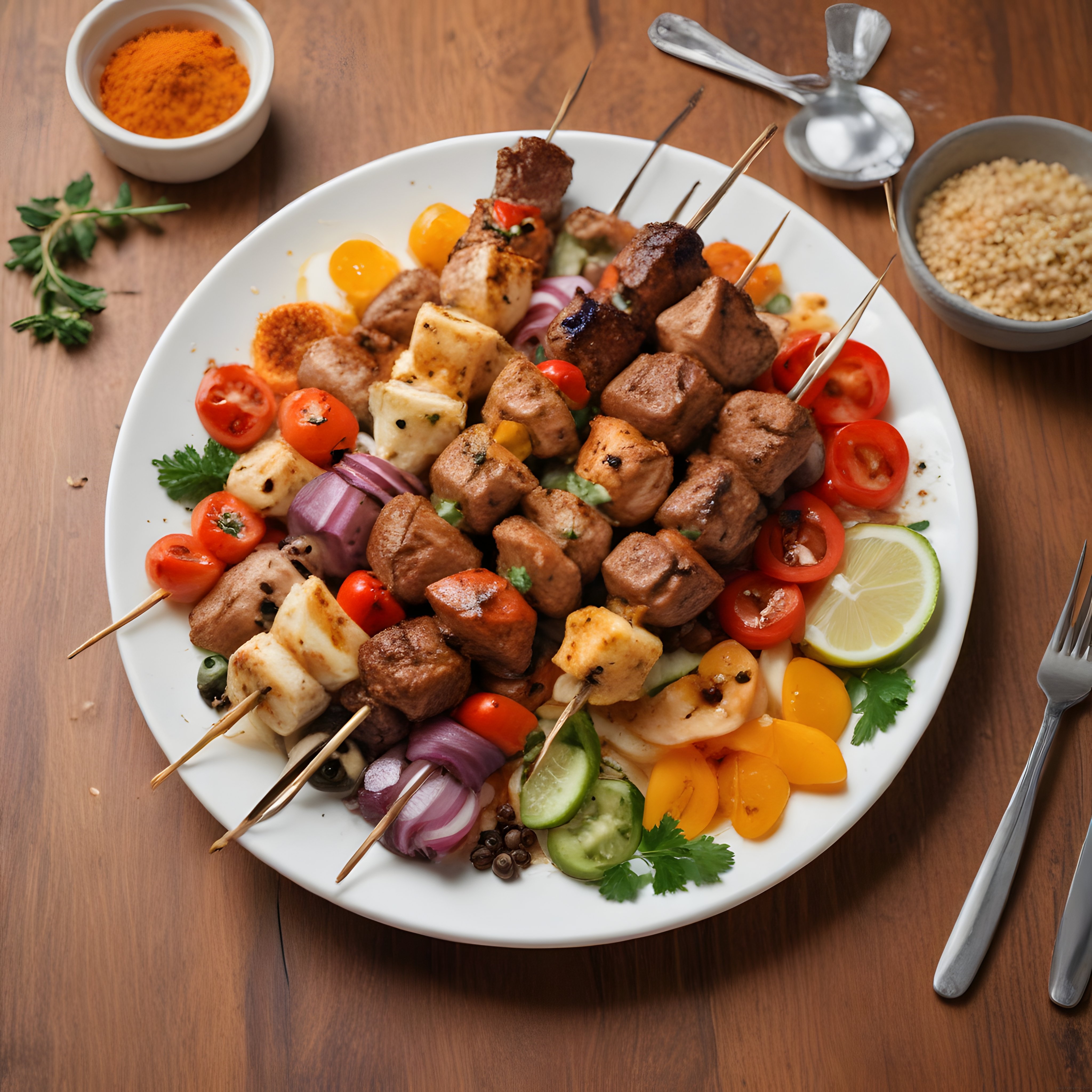 Izgara şiş kebap hellim peyniri ve renkli sebzelerle donatılmış şık tabak