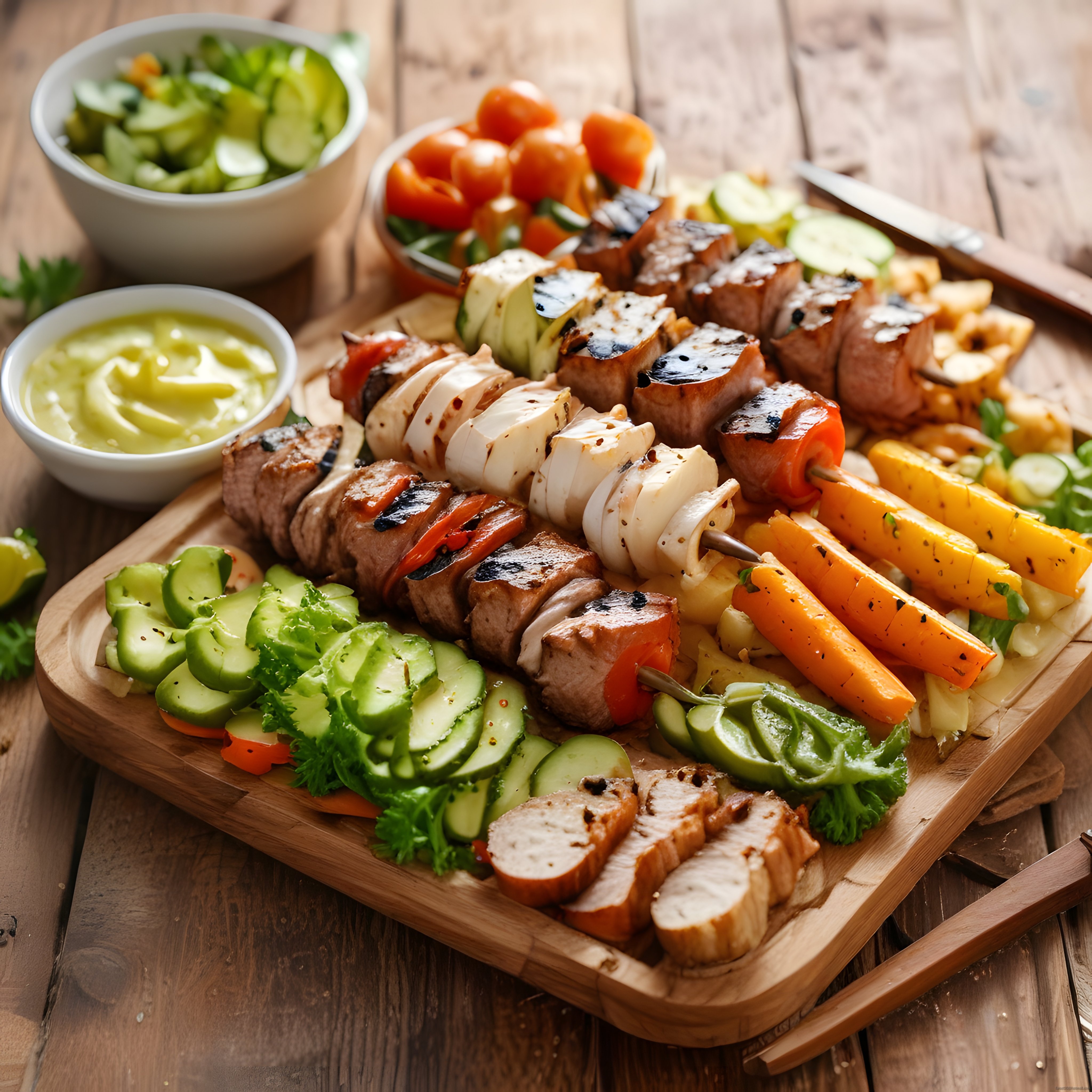Izgara Şiş Kebap, Marine Tavuk ve Taze Sebzelerle Rustik Yemek Sunumu