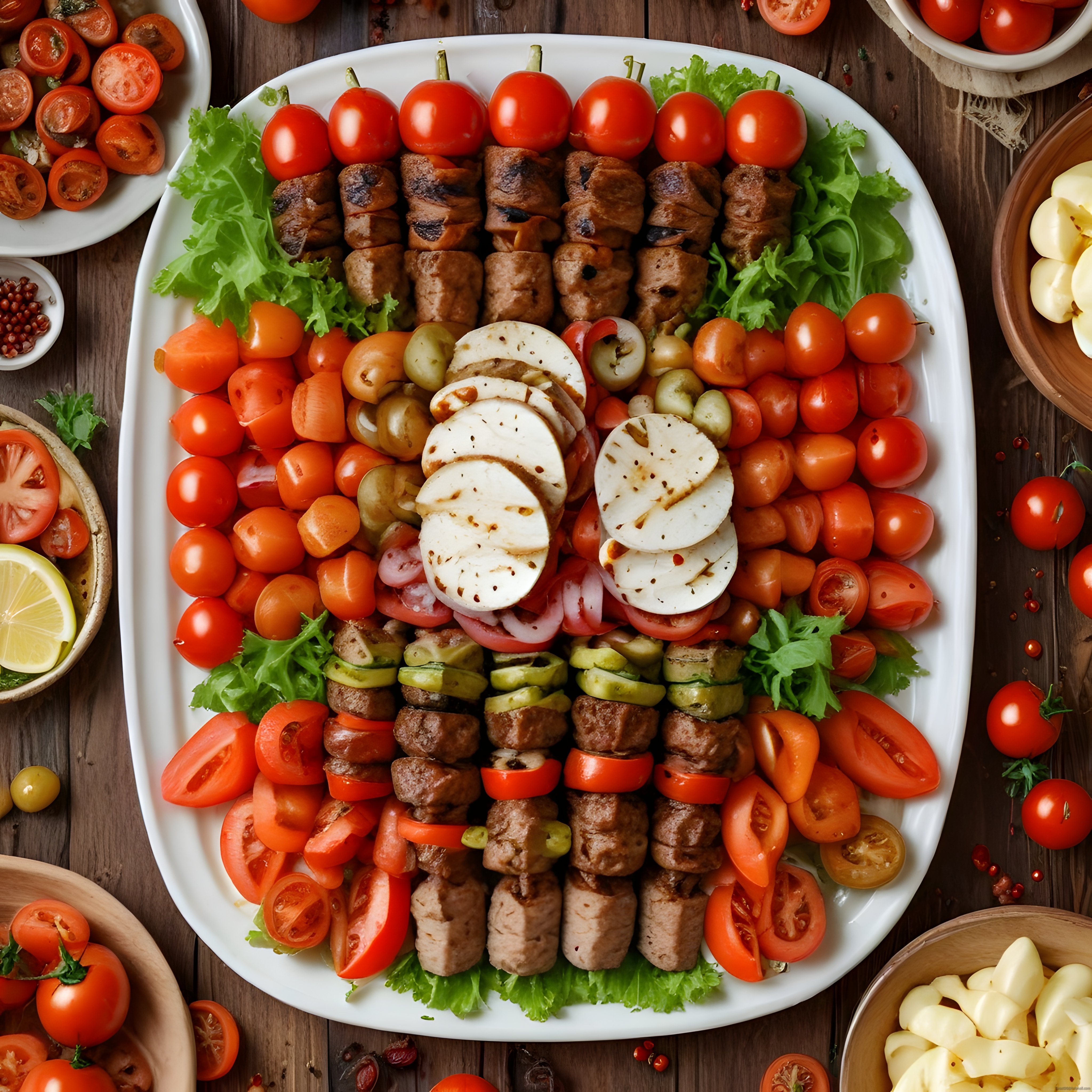 Izgara şiş kebap, mozarella ve domateslerle bezenmiş özel davet tabağı