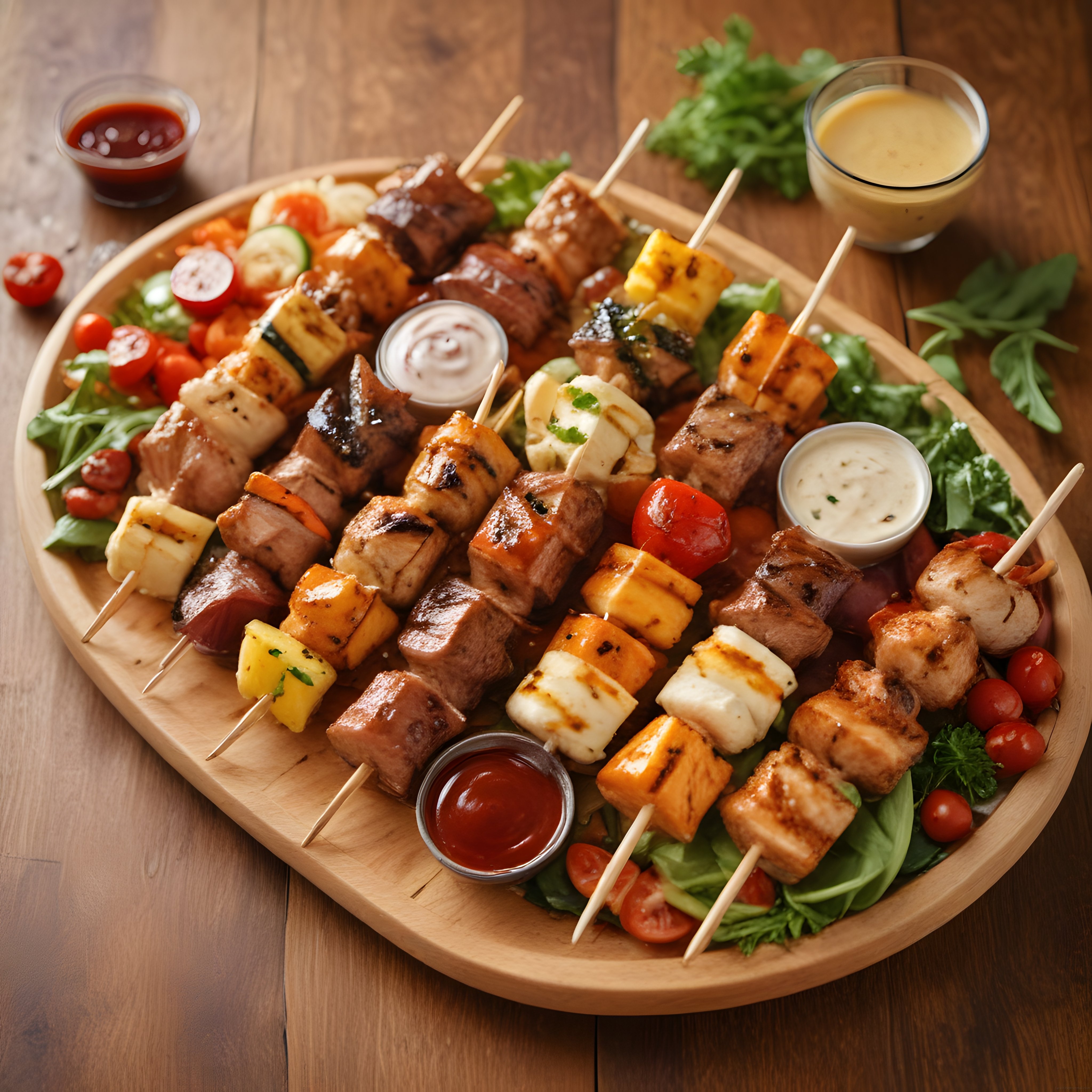Izgara şiş kebap tabağı, tavuk ve et çeşitleriyle renkli bir şölen sunuyor