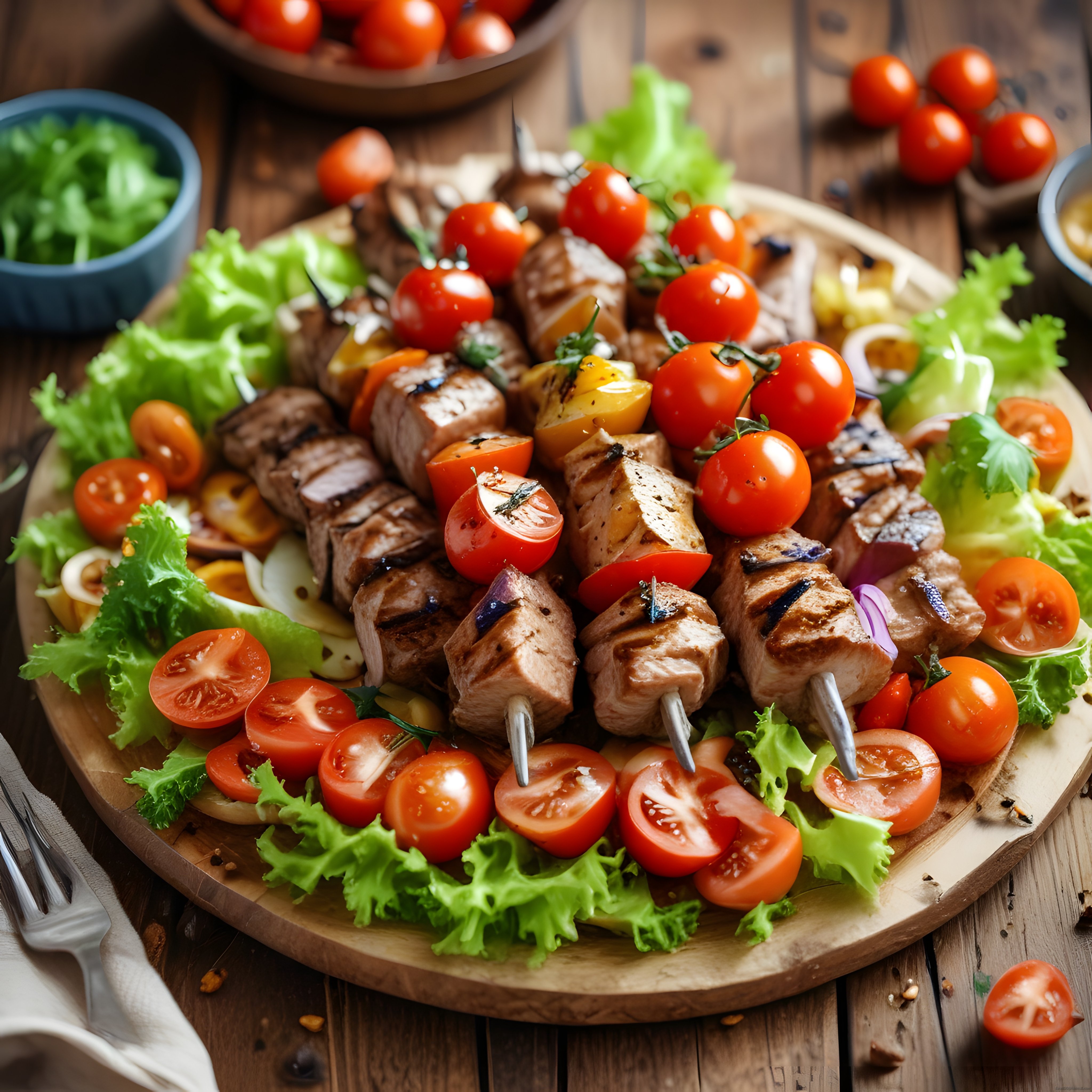 Izgara Şiş Kebap, Taze Domates ve Marul Yapraklarıyla Rustik Masa Sunumu