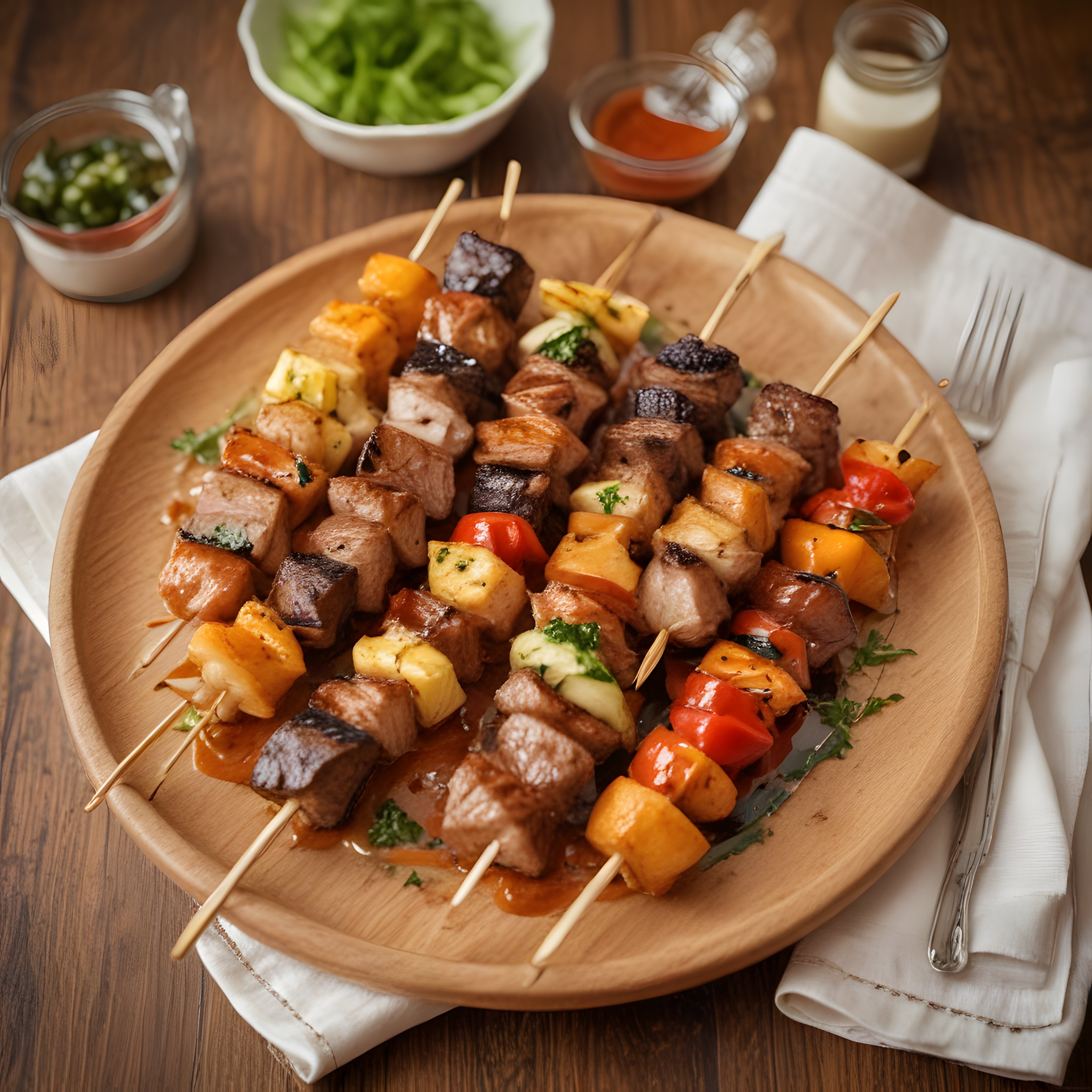 Izgara Şiş Kebap ve Sebze Şişleriyle Lezzet Dolu Ahşap Tepsi Sunumu