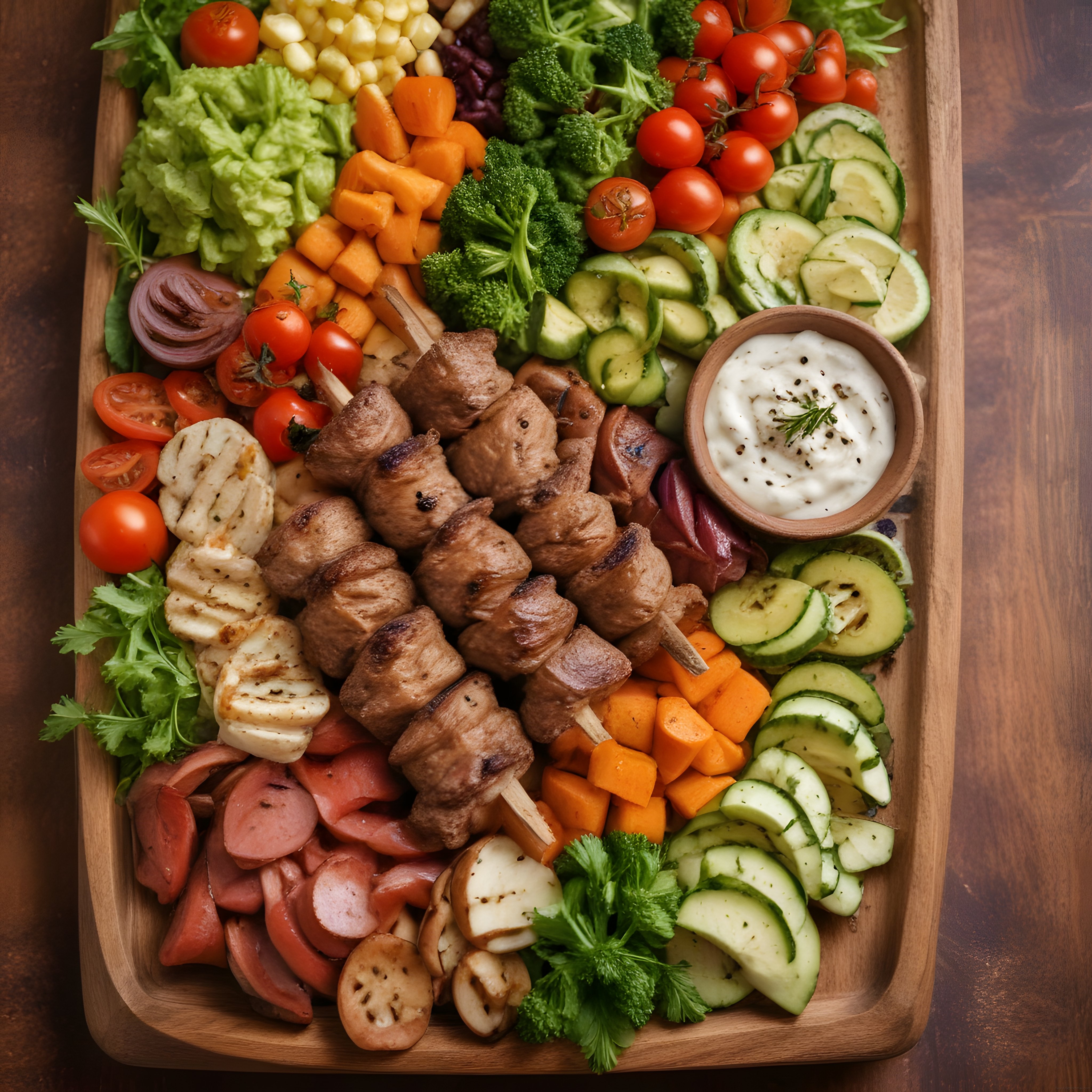 Izgara şiş kebap ve sebze sunumu, taze garnitürlerle dolu ahşap tabla