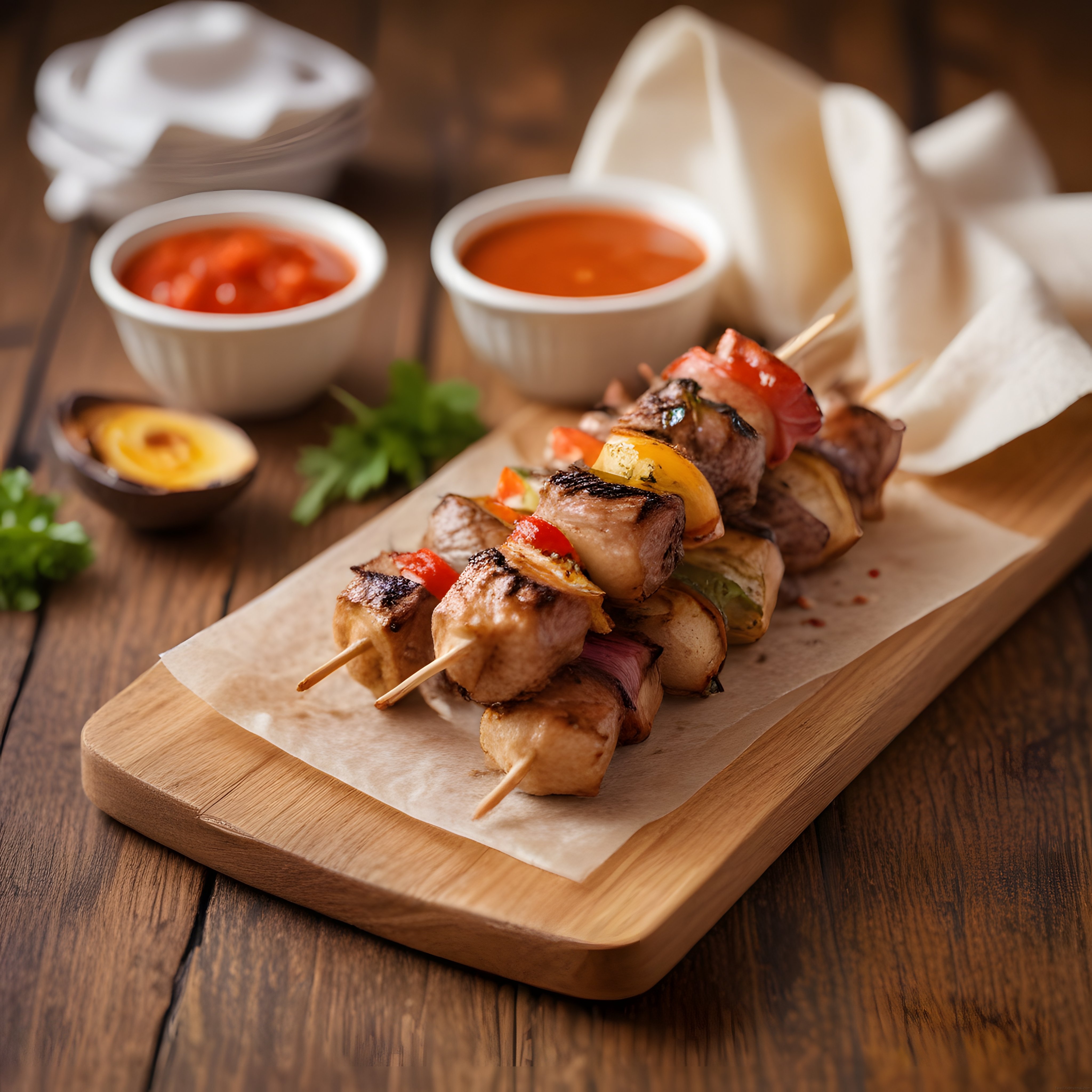 ızgara şiş kebap ve sebzeler ahşap sunum tahtası üzerinde soslarla servis