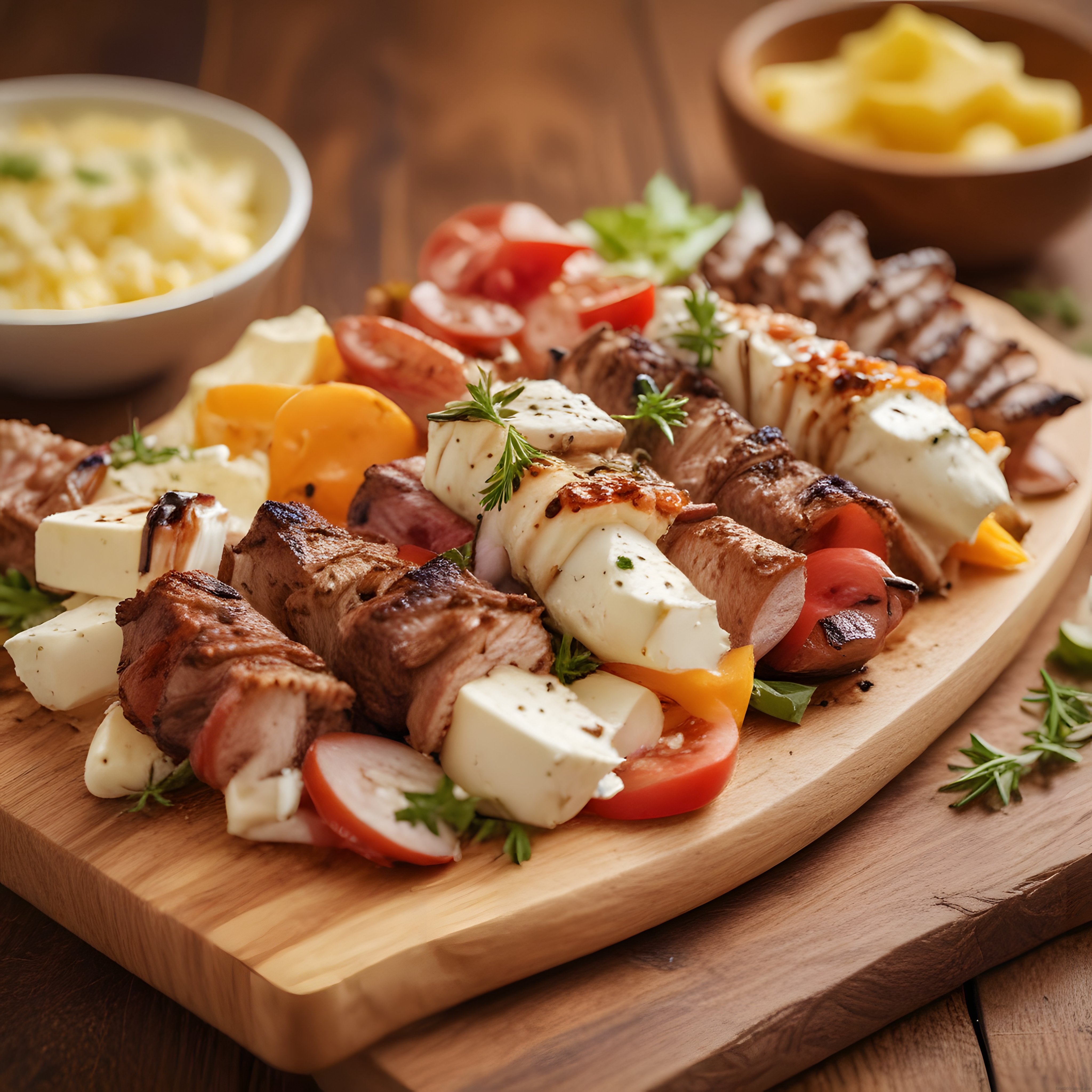 Izgara Şiş Kebap ve Sebzeli Peynirli Sunum Tahtasıyla Eşsiz Lezzet Deneyimi