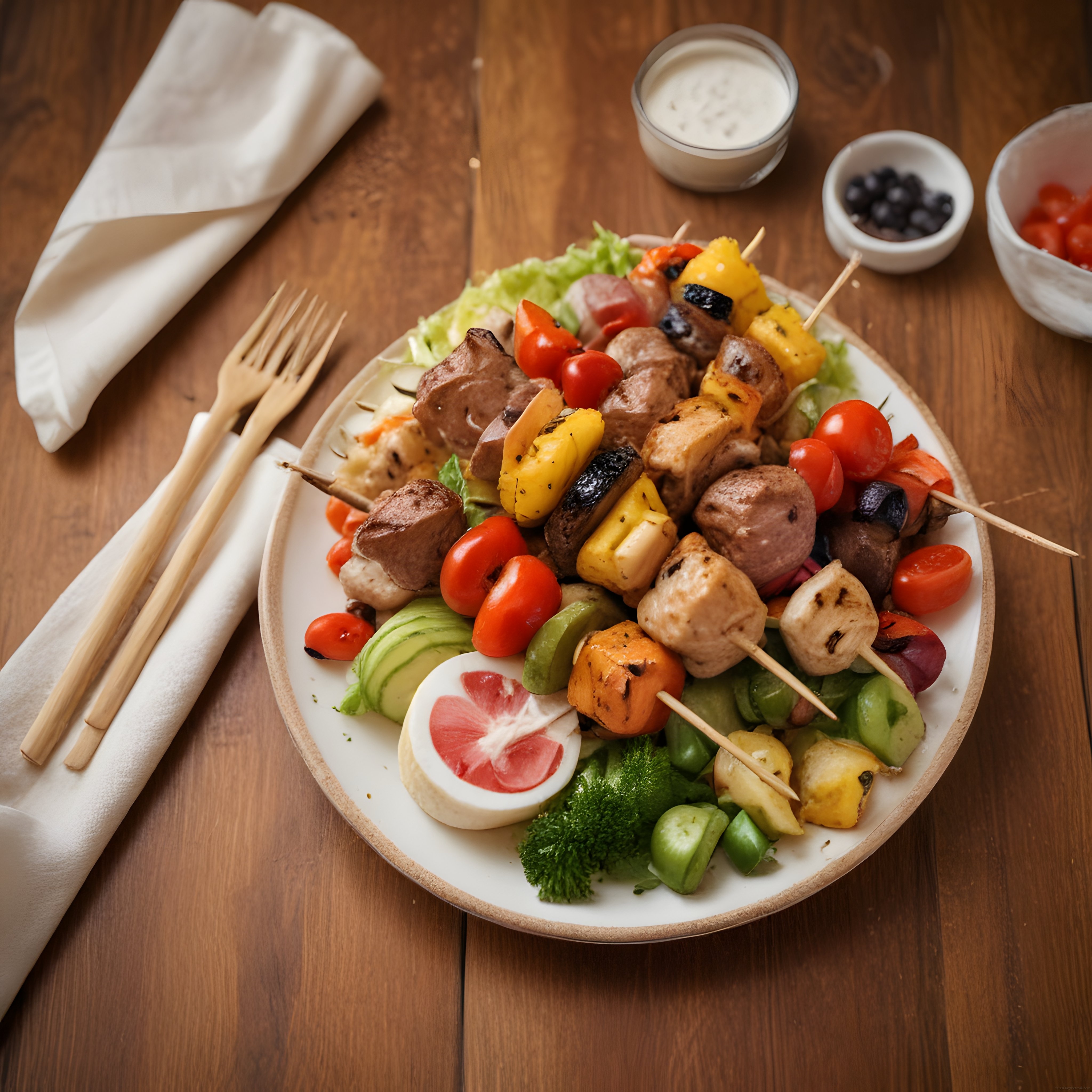 Izgara şiş kebap ve taze sebzelerle bezeli renkli sunum tabağı