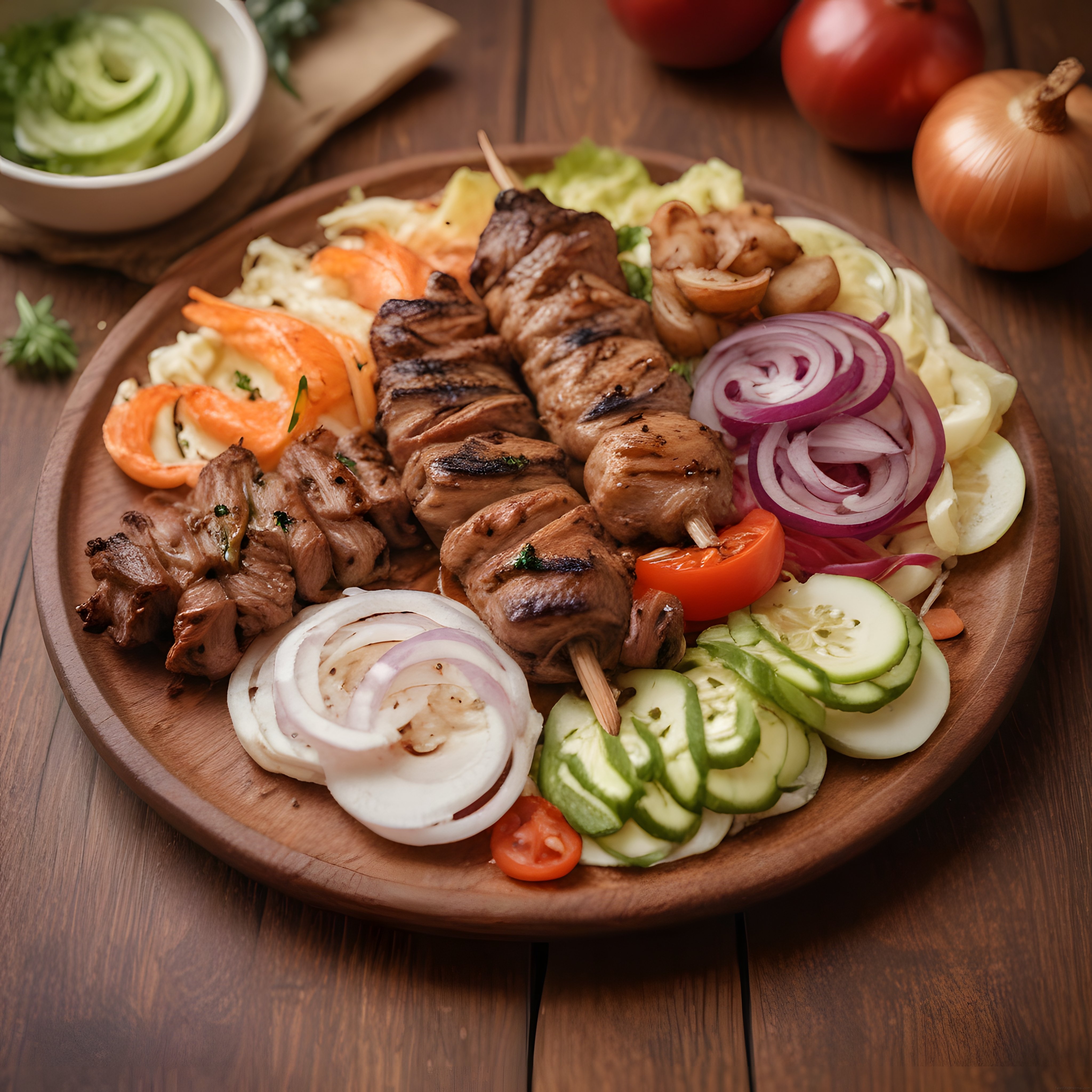 ızgara şiş kebap ve taze sebzelerle süslenmiş ahşap sunum tahtası