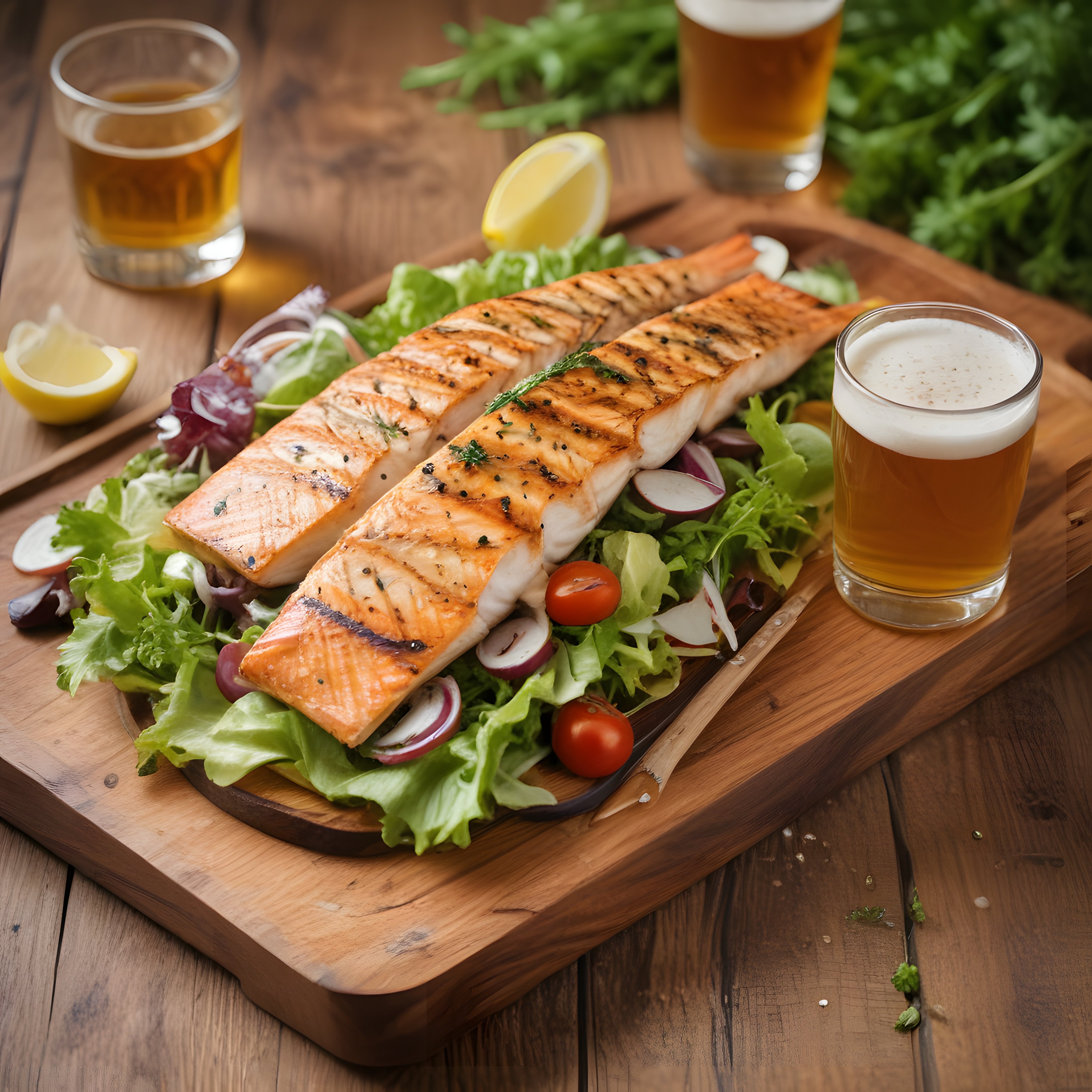 Izgara Somon Fileto, Taze Salata ve Bira Eşliğinde Nefis Akşam Yemeği Lezzeti