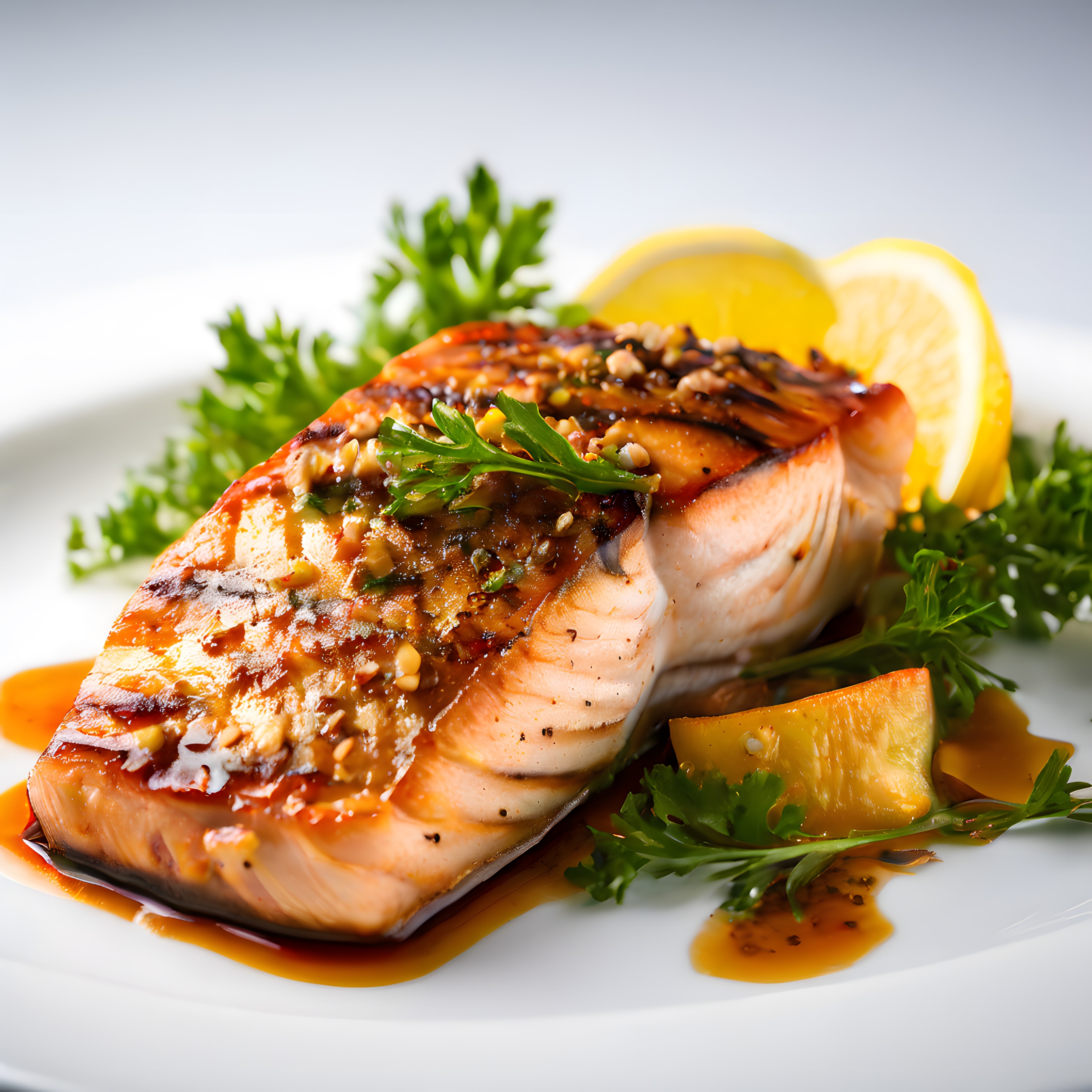 ızgara somon teriyaki sos limon ve taze yeşilliklerle iştah açıcı sunum
