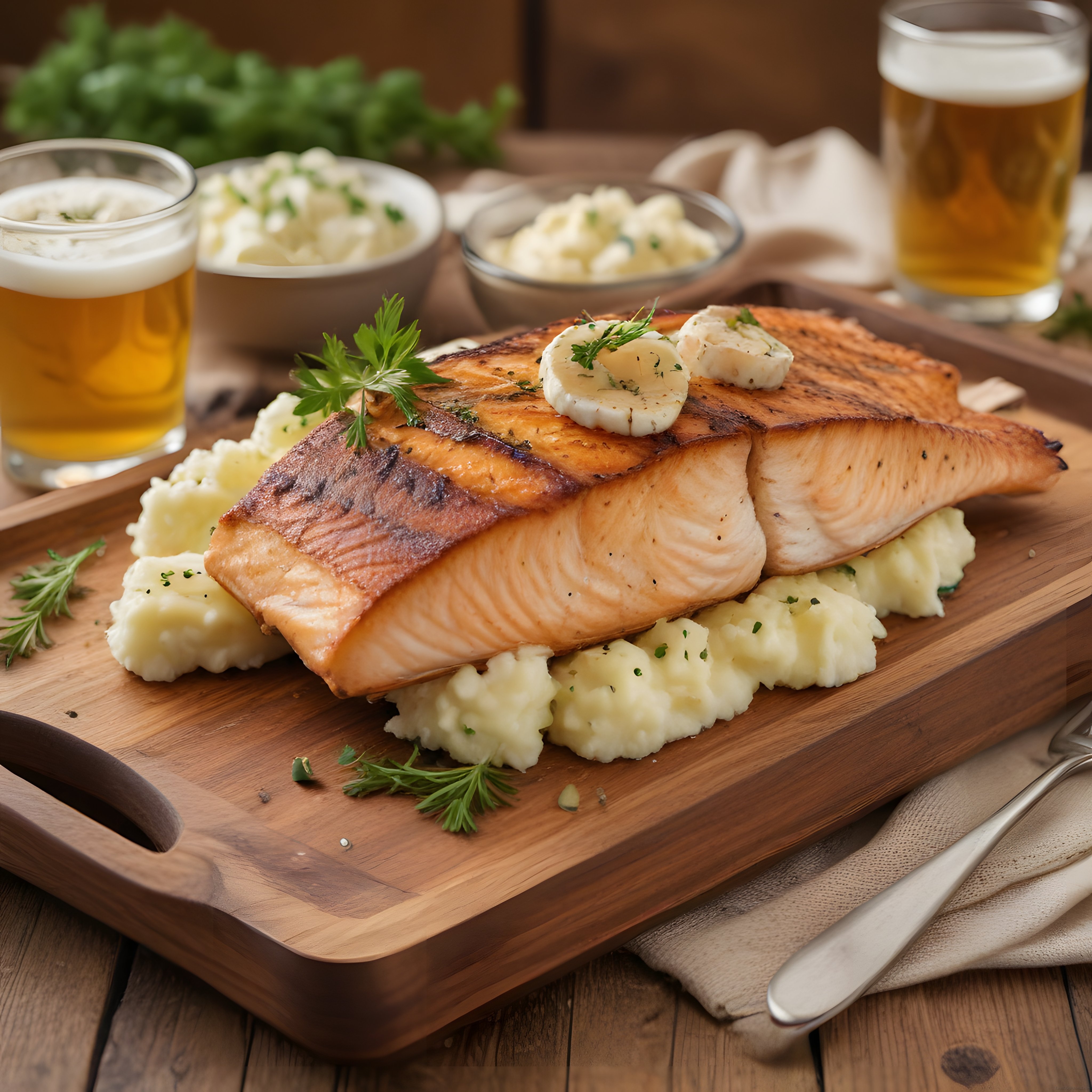 Izgara Somon ve Patates Püresi ile Ahşap Tahtada Pub Stili Akşam Yemeği
