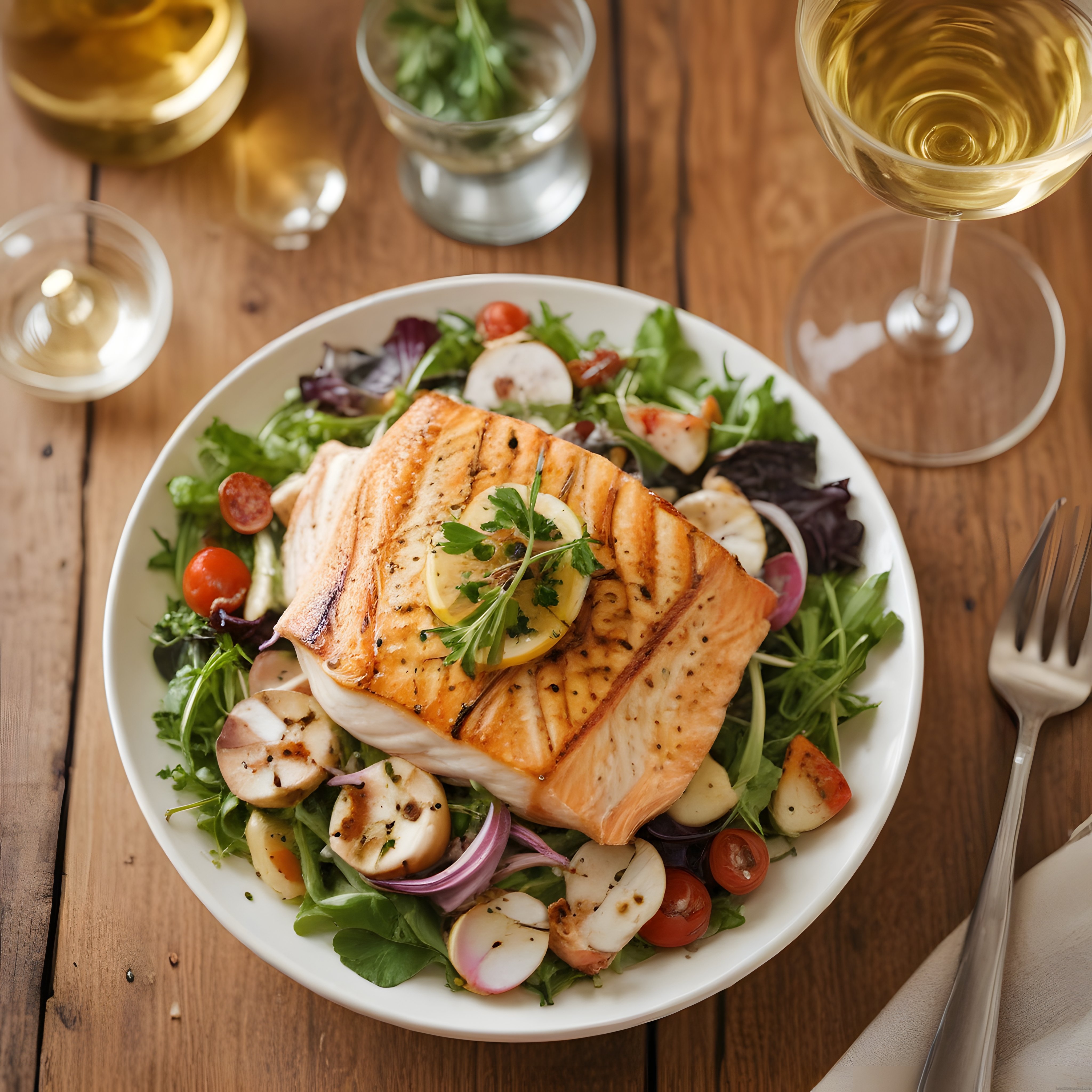 Izgara Somonlu Taze Salata ve Beyaz Şarap Eşliğinde Sağlıklı Fine Dining Sunumu